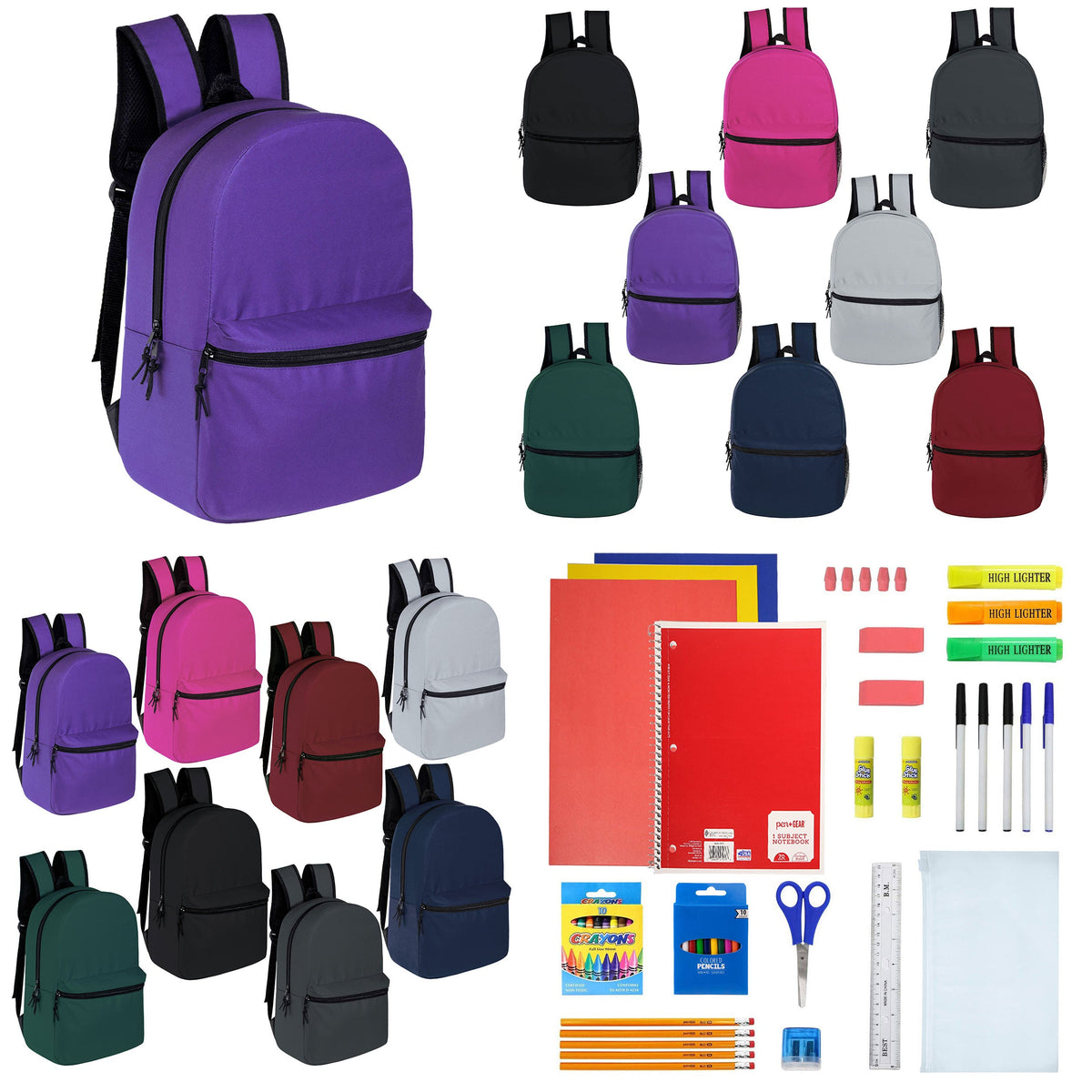 12 Wholesale 15" Backpacks for Pre-K & Elementary School Kids and 12 Bulk School Supply Kits of Your Choice