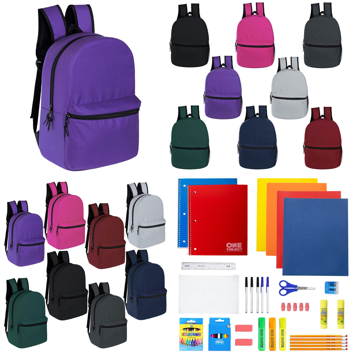 12 Wholesale 15" Backpacks for Pre-K & Elementary School Kids and 12 Bulk School Supply Kits of Your Choice