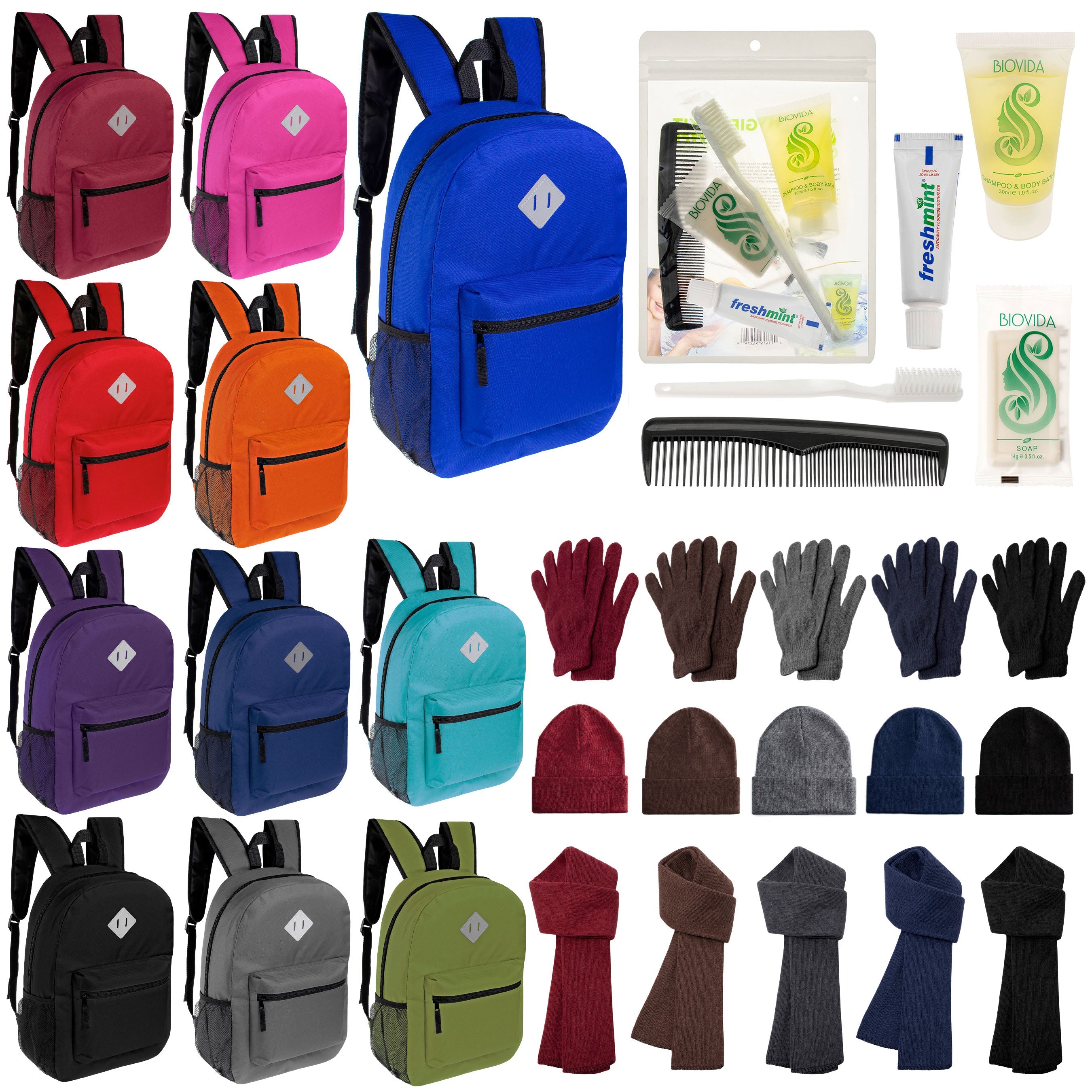 12 Diamond Patch 17" Backpacks, 12 Winter Item Sets & Your Choice of 12 Bulk Hygiene Kits - Wholesale Homeless Care Package
