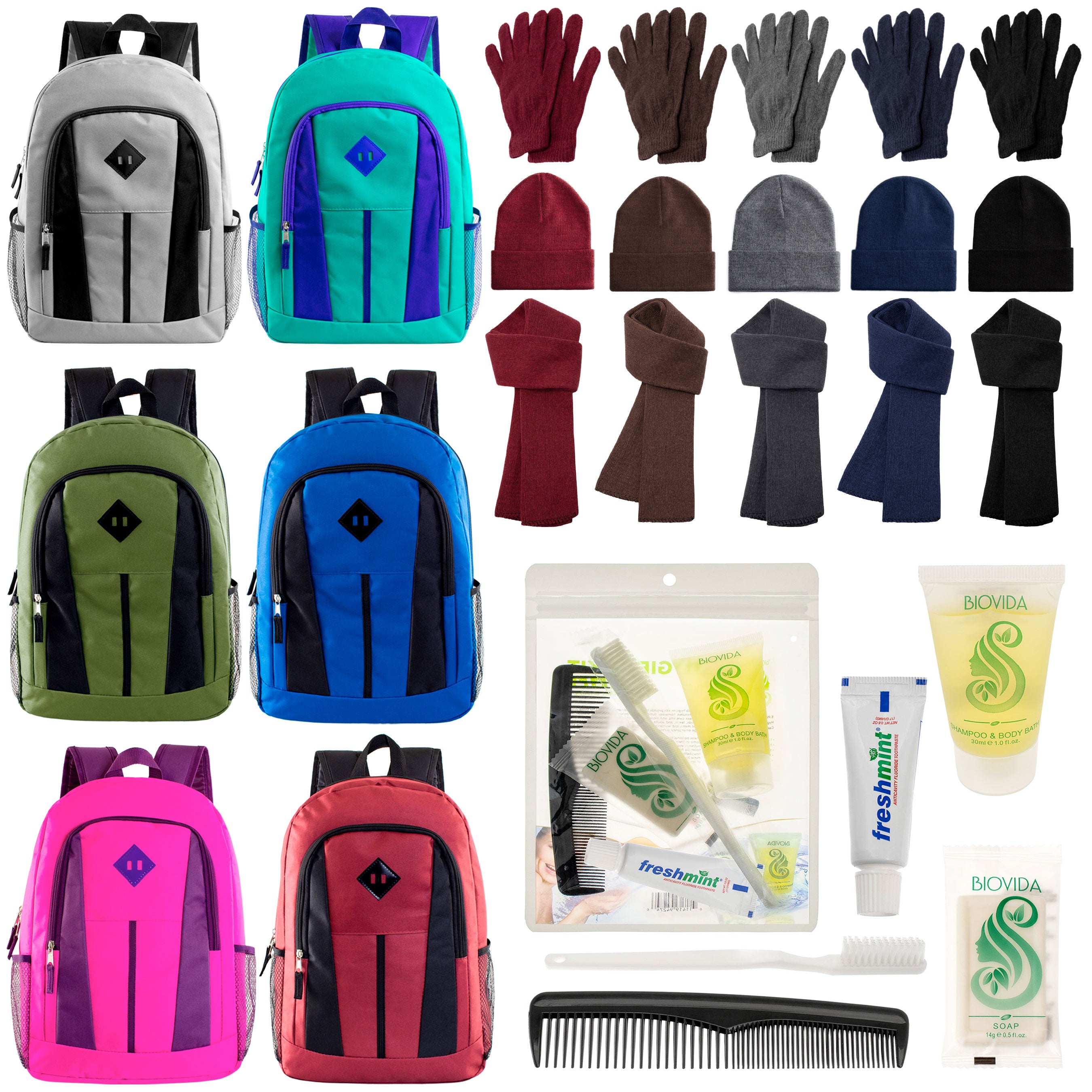 12 Multi-Color 17" Backpacks, 12 Winter Item Sets & Your Choice of 12 Bulk Hygiene Kits - Wholesale Homeless Care Package
