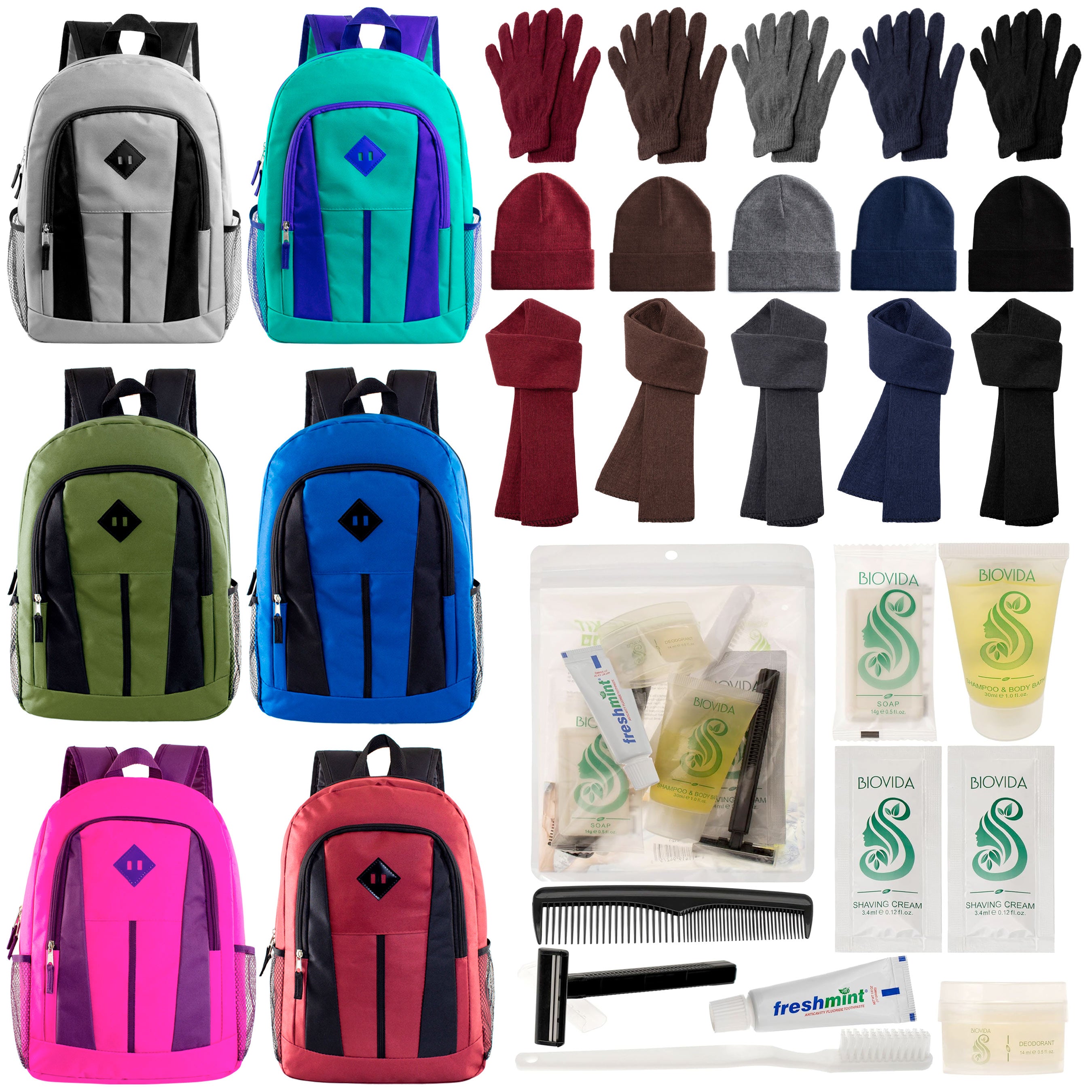 12 Multi-Color 17" Backpacks, 12 Winter Item Sets & Your Choice of 12 Bulk Hygiene Kits - Wholesale Homeless Care Package