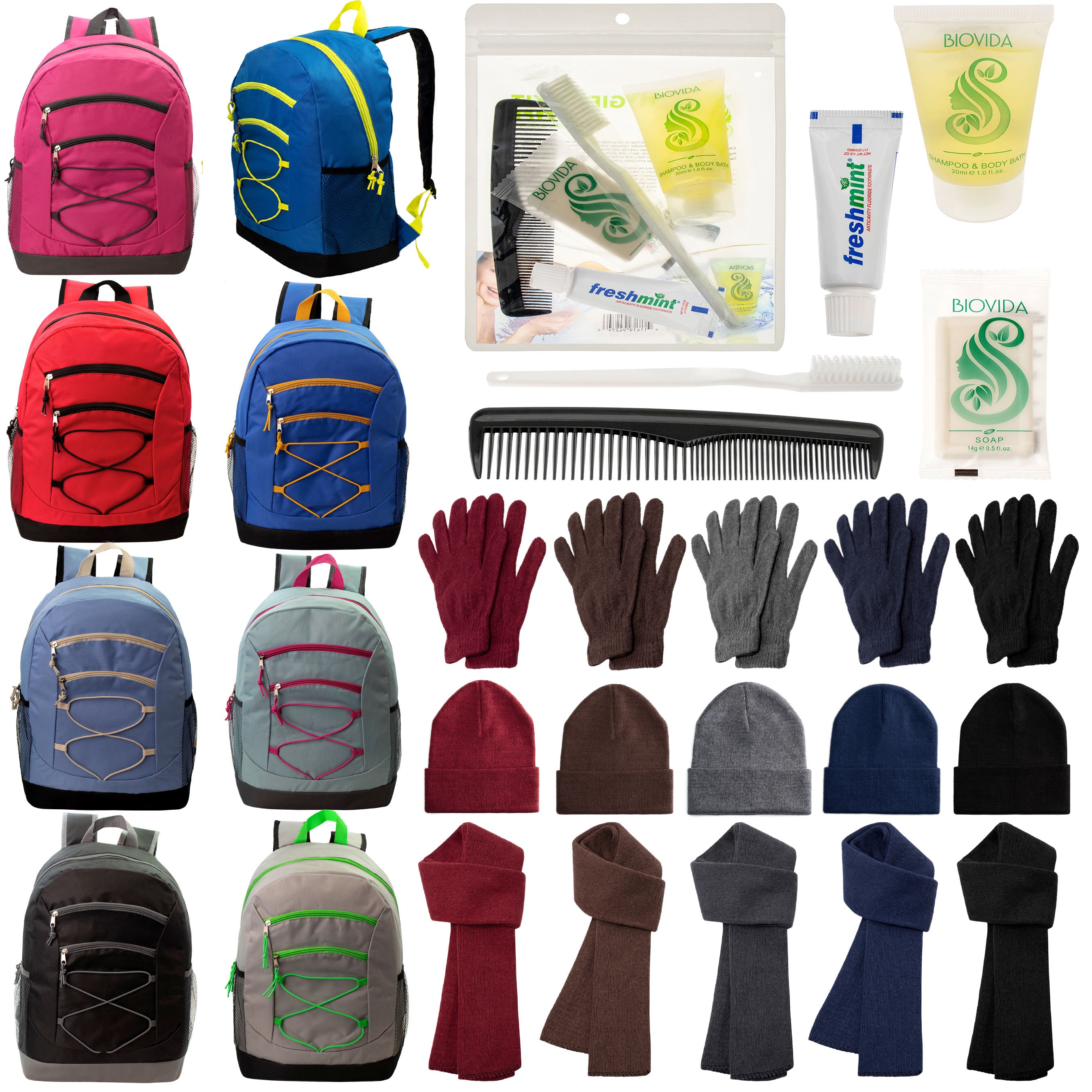 12 Bungee 17" Backpacks in 8 Colors, 12 Winter Item Sets & Your Choice of 12 Bulk Hygiene Kits - Wholesale Homeless Care Package