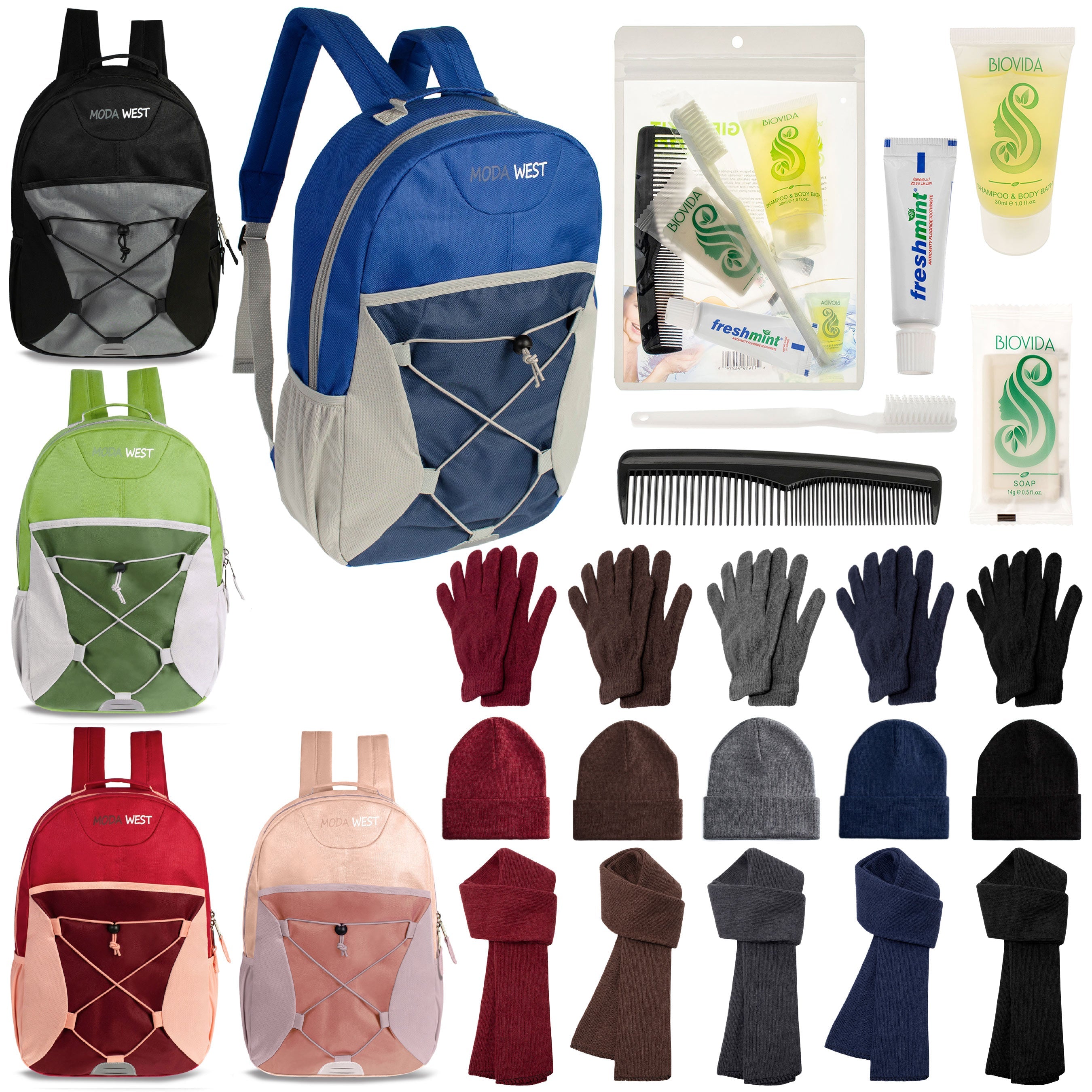12 Bungee 17" Backpacks in 5 Colors, 12 Winter Item Sets & Your Choice of 12 Bulk Hygiene Kits - Wholesale Homeless Care Package