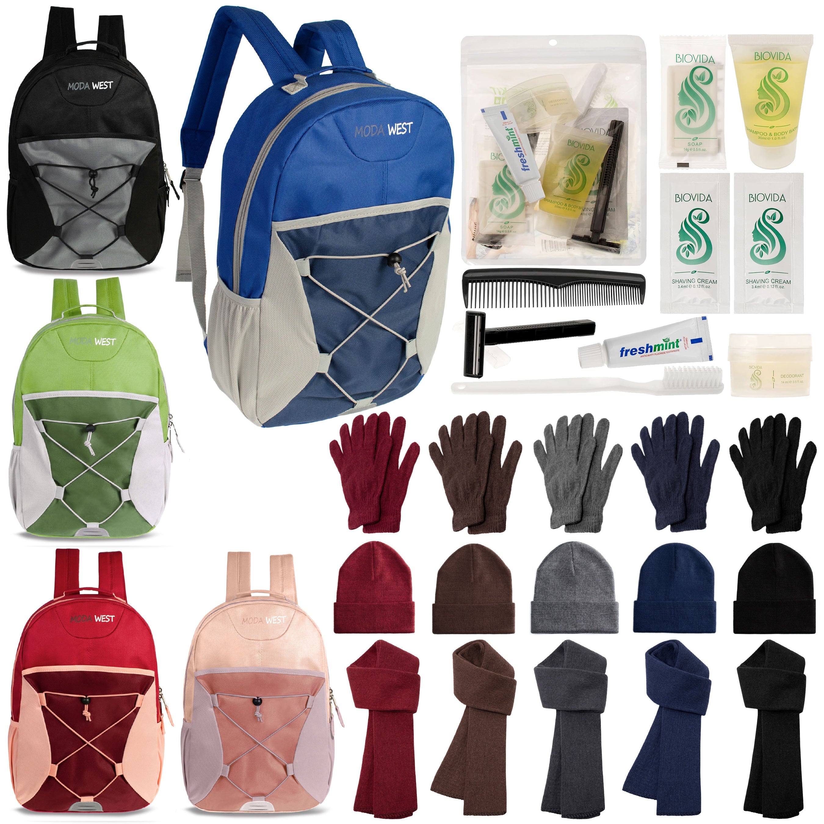 12 Bungee 17" Backpacks in 5 Colors, 12 Winter Item Sets & Your Choice of 12 Bulk Hygiene Kits - Wholesale Homeless Care Package