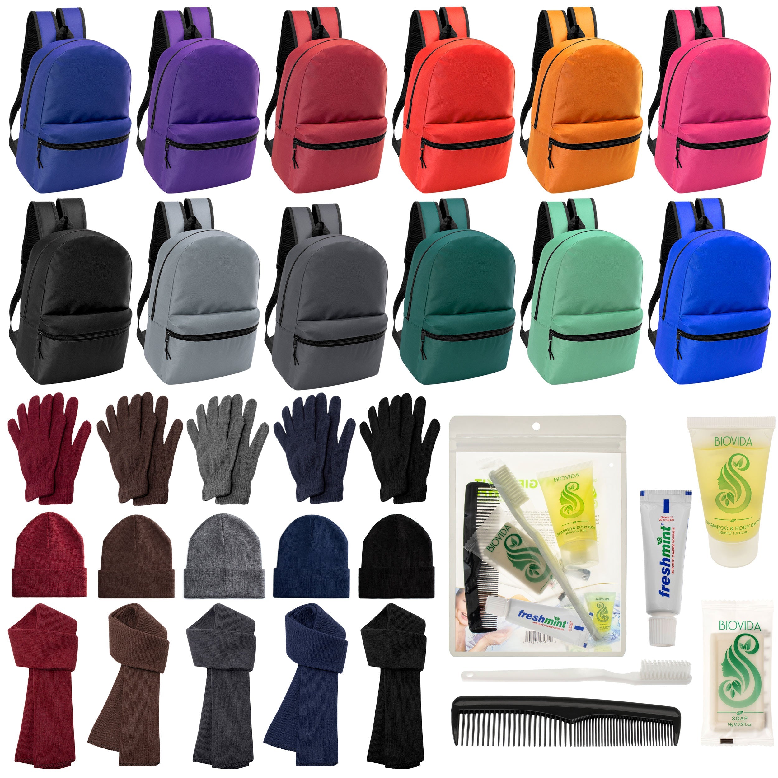 Assorted collection of backpacks in various colors, along with winter items like gloves, scarves, and beanies displayed in the same color range.