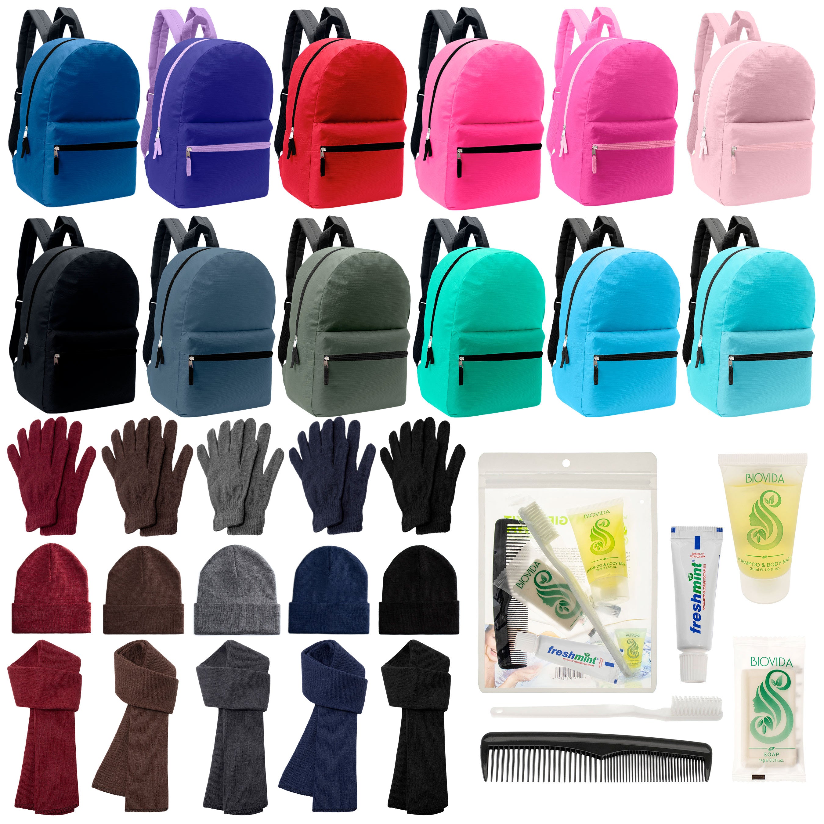 12 17" Backpacks in 12 Solid Colors, 12 Winter Item Sets & Your Choice of 12 Bulk Hygiene Kits - Wholesale Homeless Care Package