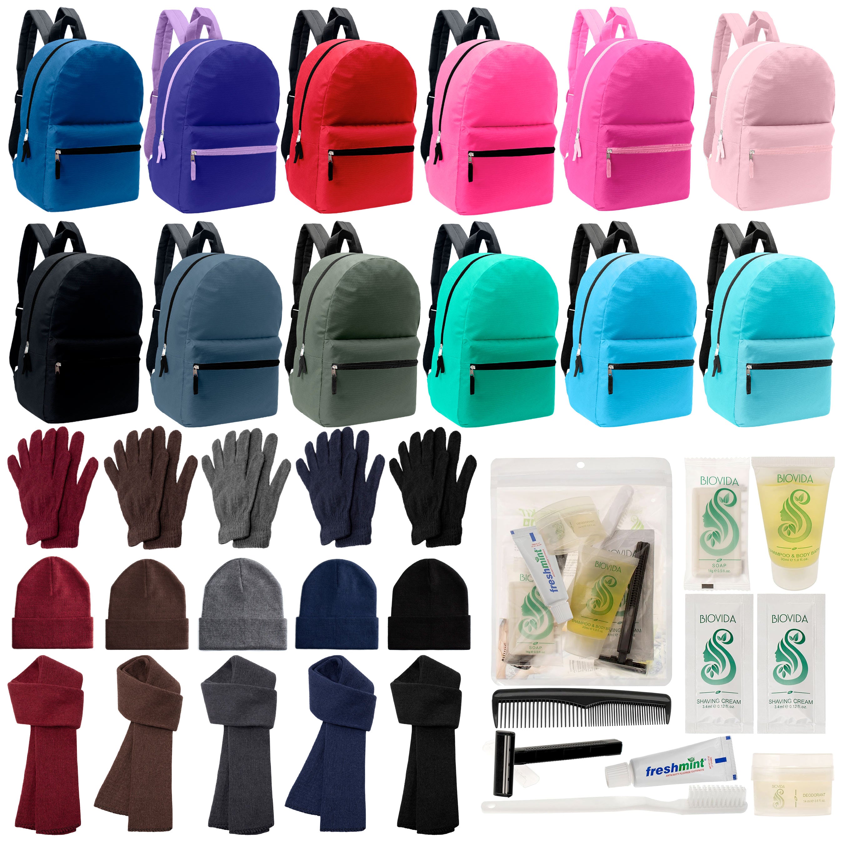 12 17" Backpacks in 12 Solid Colors, 12 Winter Item Sets & Your Choice of 12 Bulk Hygiene Kits - Wholesale Homeless Care Package