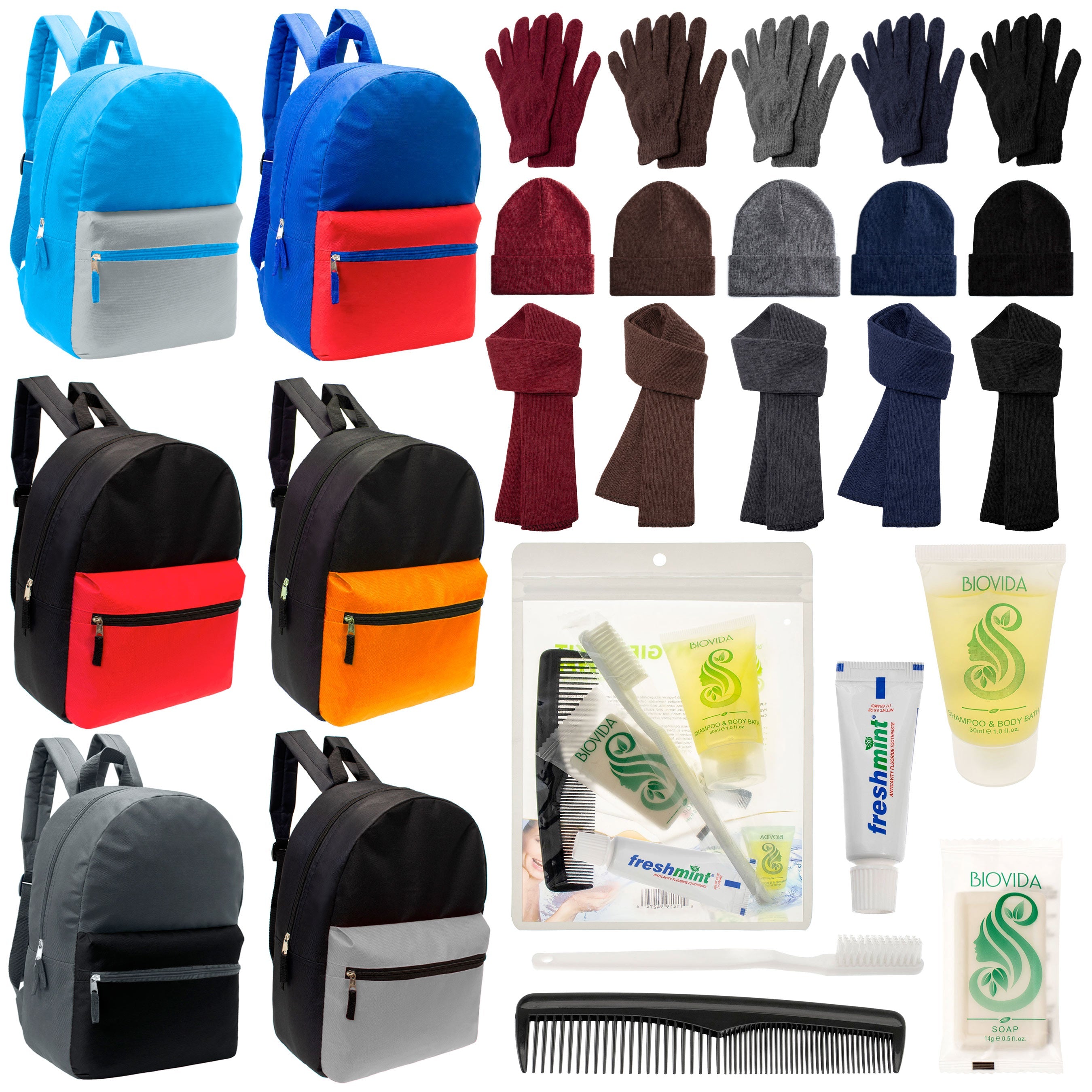 12 Multi Color Basic 17" Backpacks, 12 Winter Item Sets & Your Choice of 12 Bulk Hygiene Kits - Wholesale Homeless Care Package