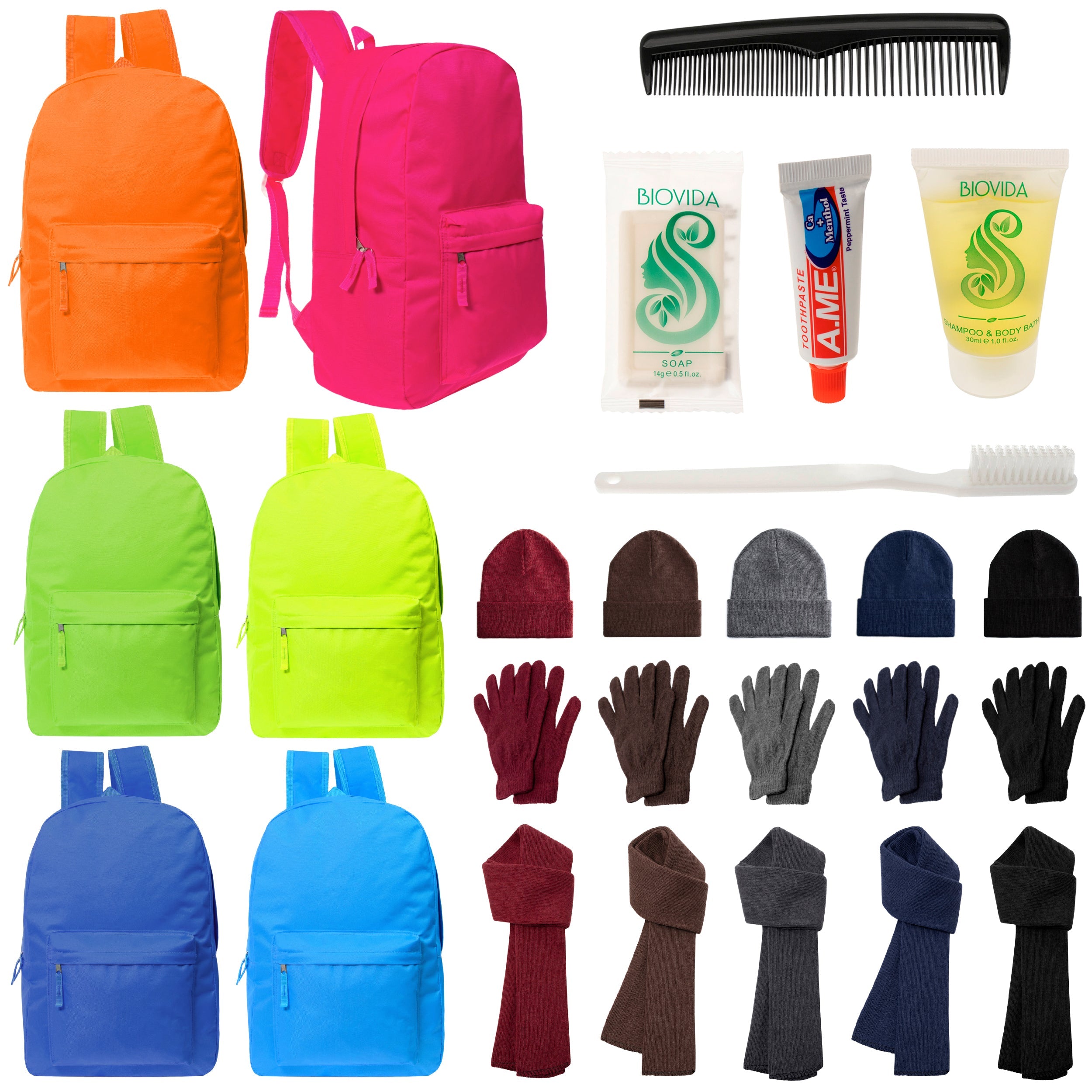 12 Deluxe Bungee 17" Backpacks in 8 Colors, 12 Winter Item Sets & Your Choice of 12 Bulk Hygiene Kits - Wholesale Homeless Care Package