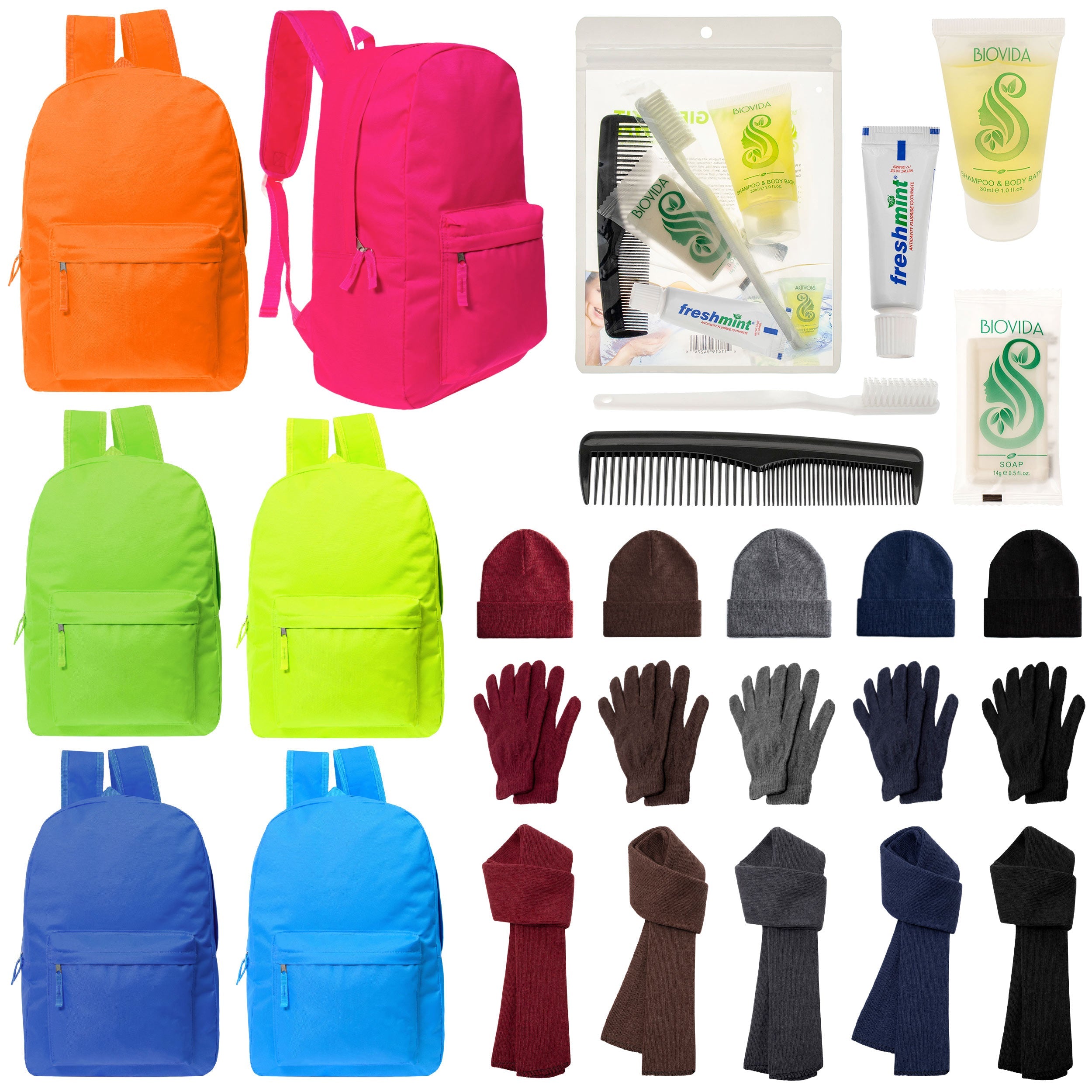 12 Bright 17" Backpacks in 6 Colors, 12 Winter Item Sets & Your Choice of 12 Bulk Hygiene Kits - Wholesale Homeless Care Package