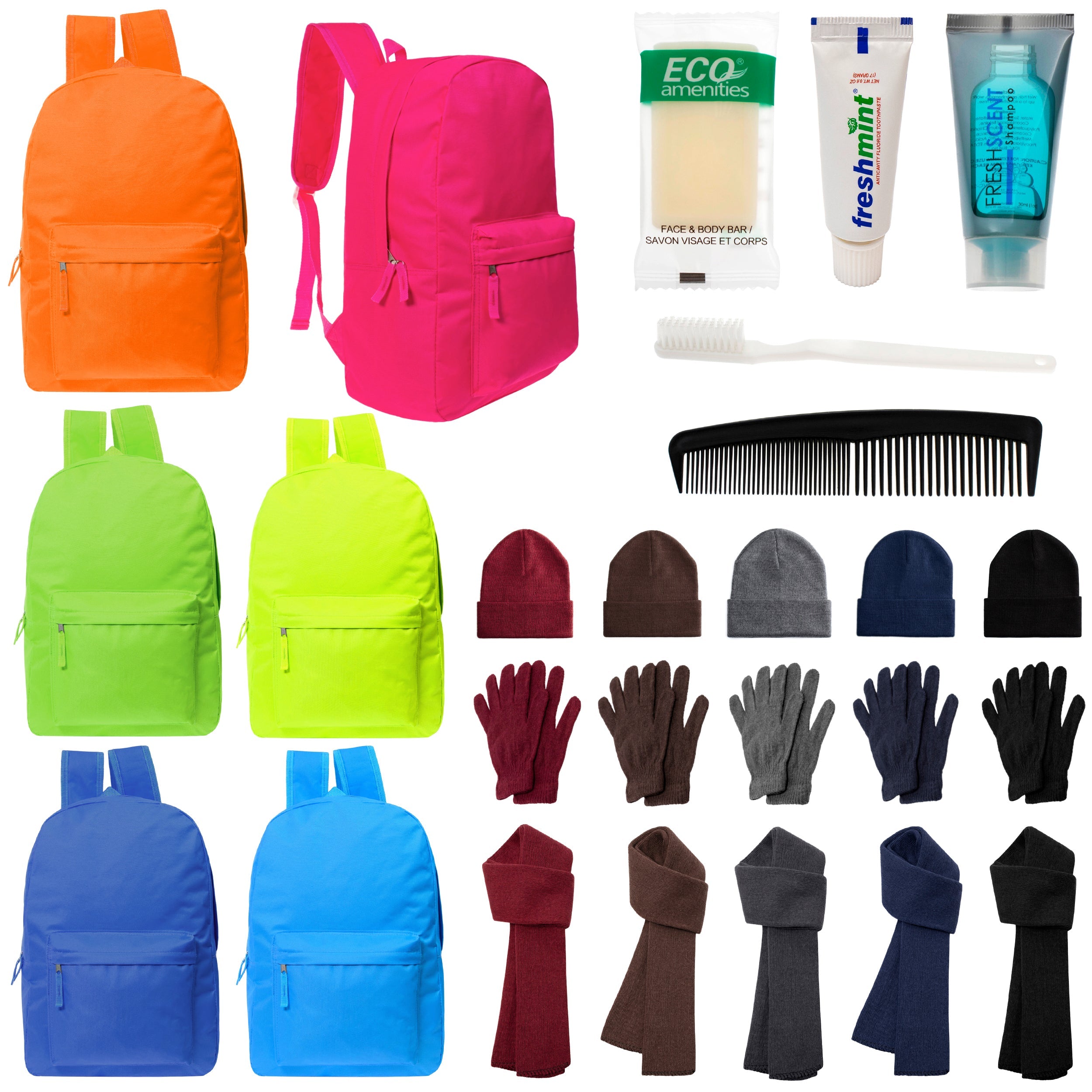 12 Bright 17" Backpacks in 6 Colors, 12 Winter Item Sets & Your Choice of 12 Bulk Hygiene Kits - Wholesale Homeless Care Package
