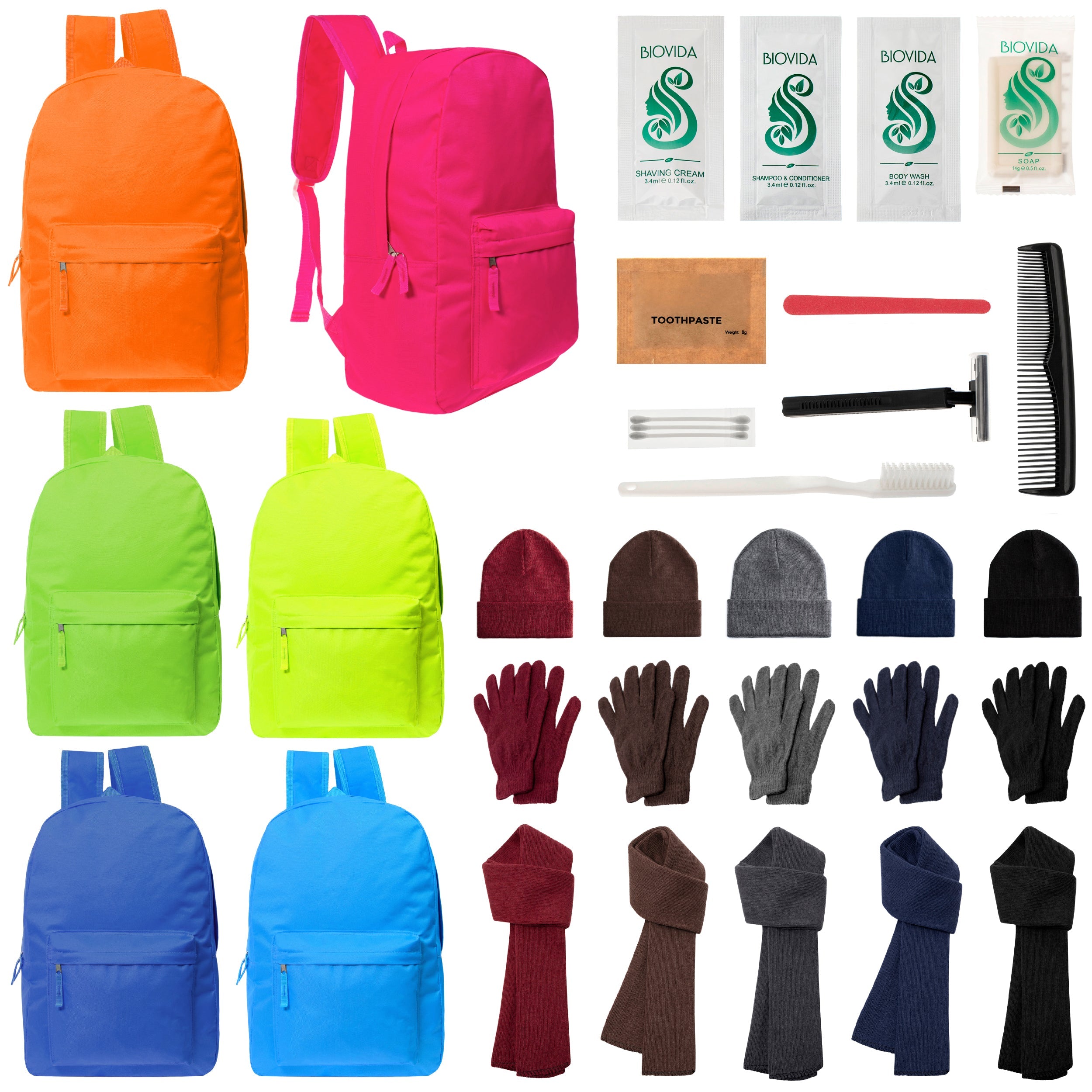 12 Bright 17" Backpacks in 6 Colors, 12 Winter Item Sets & Your Choice of 12 Bulk Hygiene Kits - Wholesale Homeless Care Package