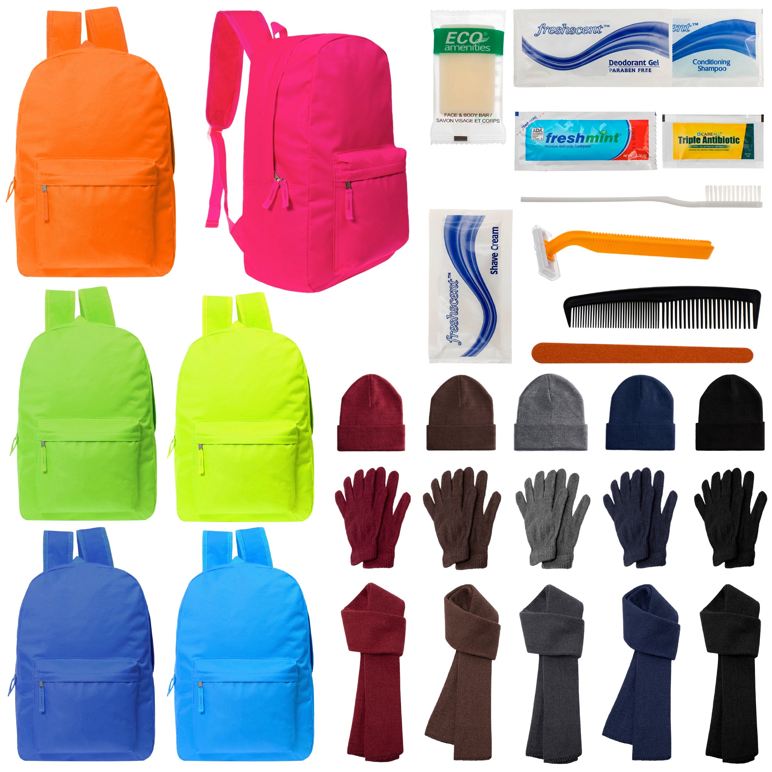 12 Bright 17" Backpacks in 6 Colors, 12 Winter Item Sets & Your Choice of 12 Bulk Hygiene Kits - Wholesale Homeless Care Package