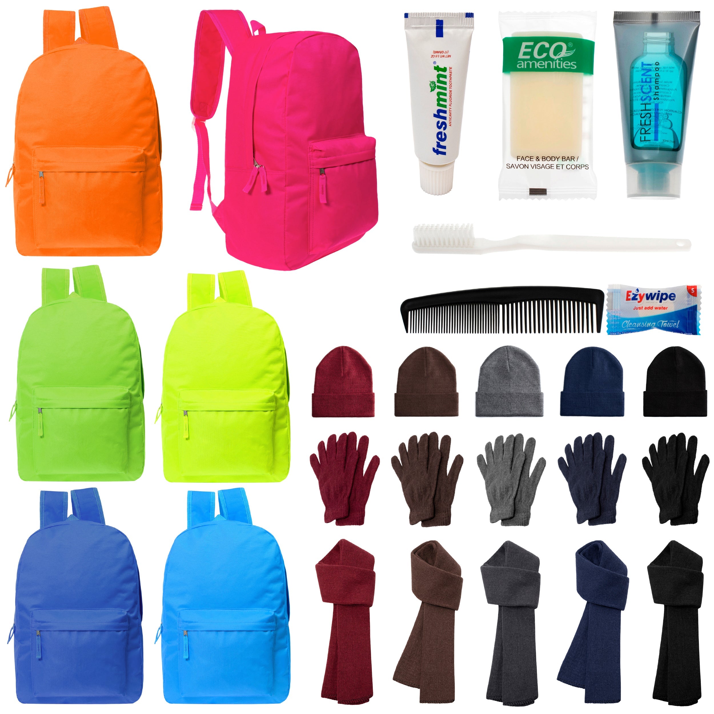 12 Bright 17" Backpacks in 6 Colors, 12 Winter Item Sets & Your Choice of 12 Bulk Hygiene Kits - Wholesale Homeless Care Package
