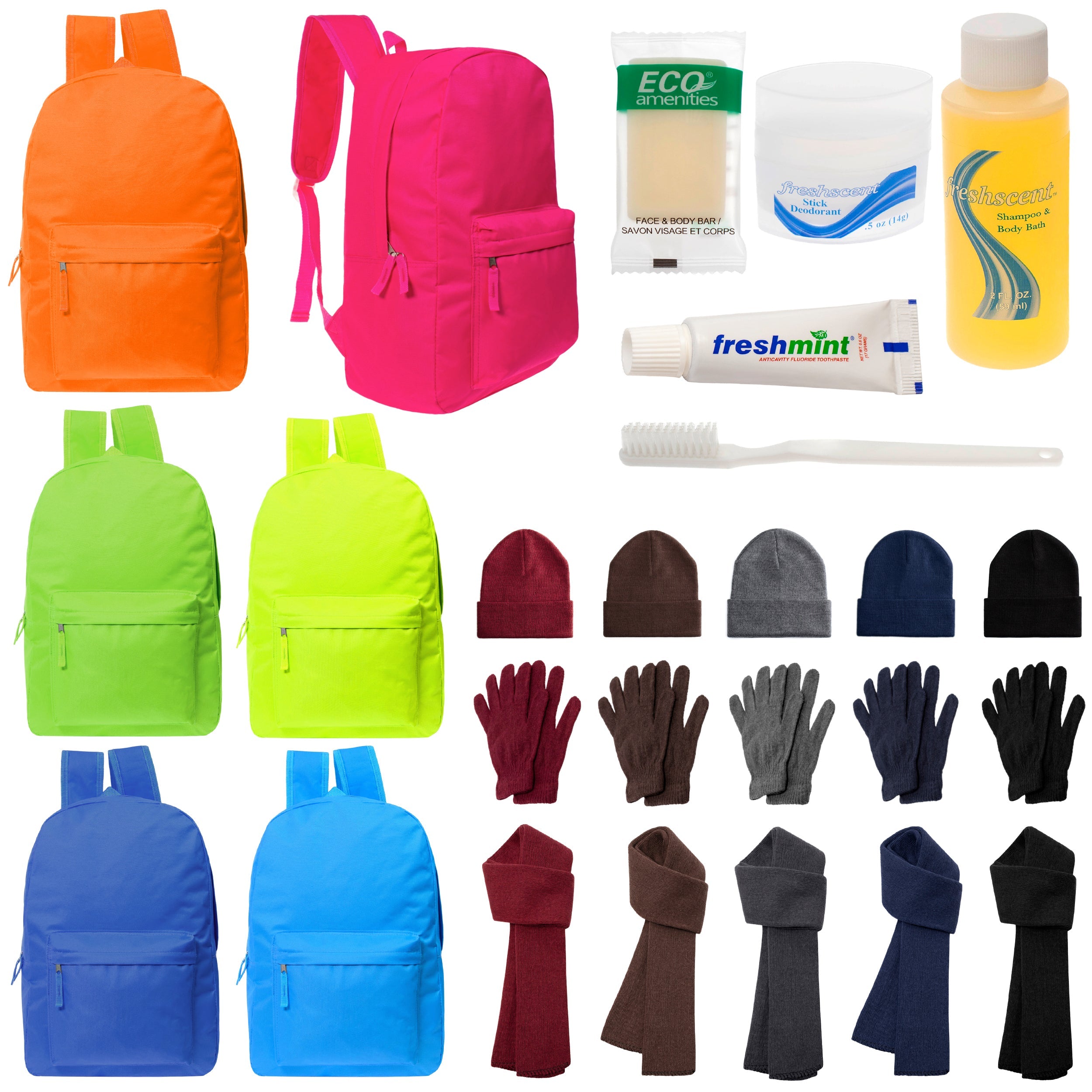 12 Bright 17" Backpacks in 6 Colors, 12 Winter Item Sets & Your Choice of 12 Bulk Hygiene Kits - Wholesale Homeless Care Package