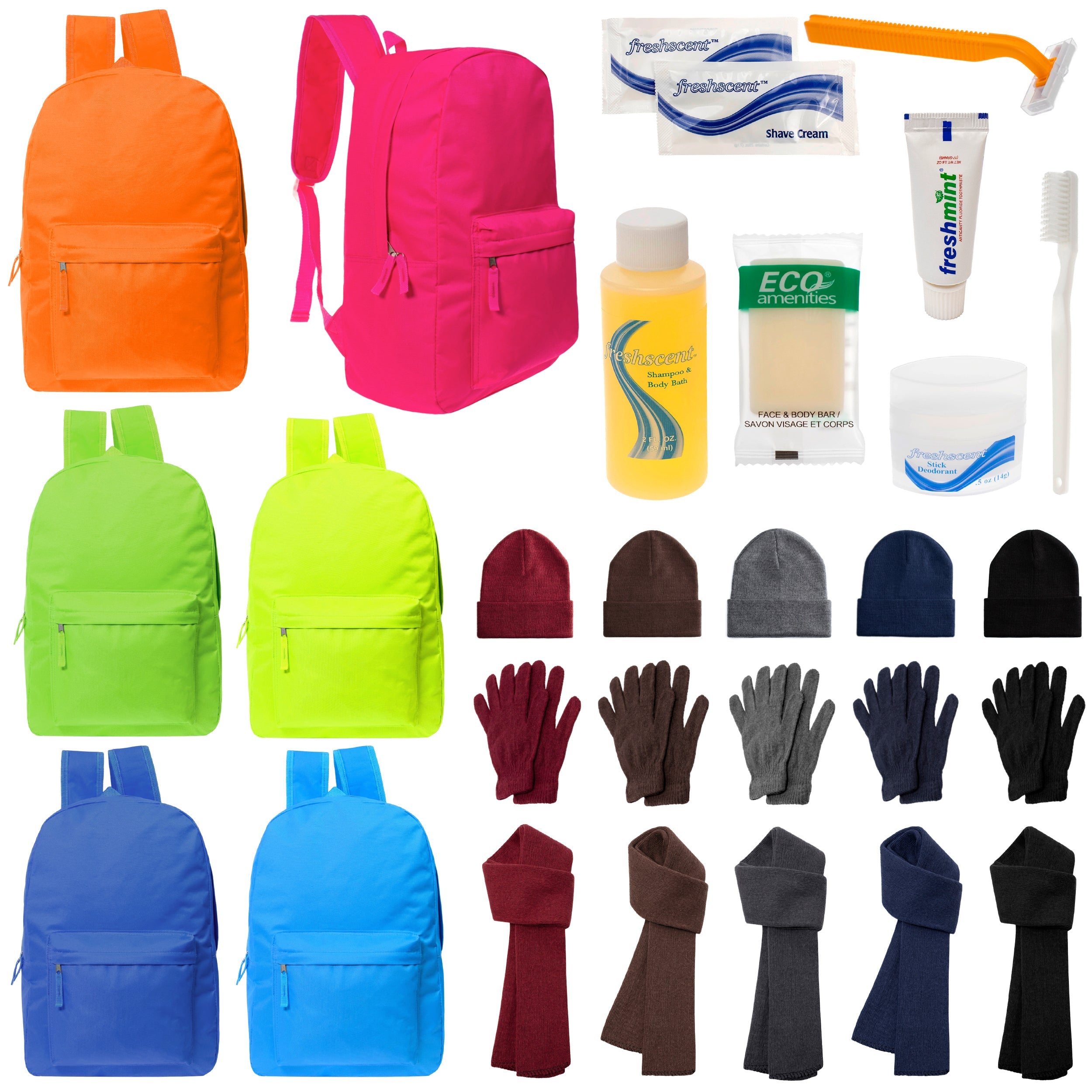 12 Bright 17" Backpacks in 6 Colors, 12 Winter Item Sets & Your Choice of 12 Bulk Hygiene Kits - Wholesale Homeless Care Package