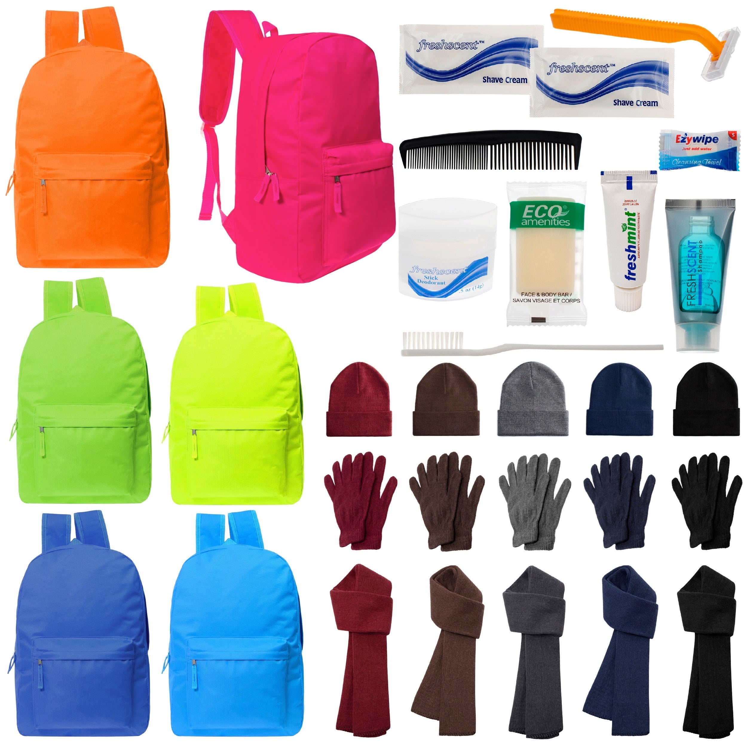 12 Bright 17" Backpacks in 6 Colors, 12 Winter Item Sets & Your Choice of 12 Bulk Hygiene Kits - Wholesale Homeless Care Package