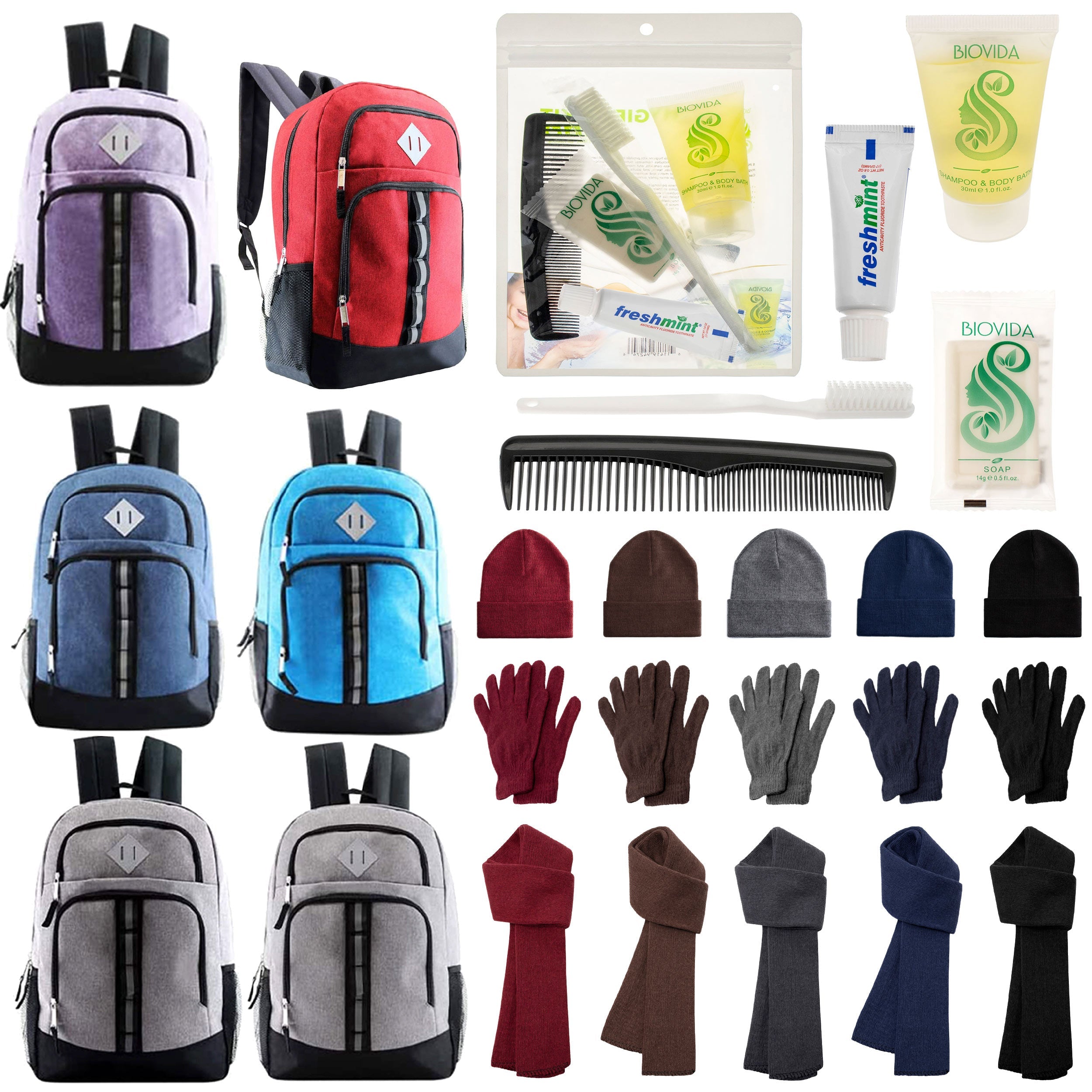 12 Deluxe 18" Backpacks in 6 Colors, 12 Winter Item Sets & Your Choice of 12 Bulk Hygiene Kits - Wholesale Homeless Care Package