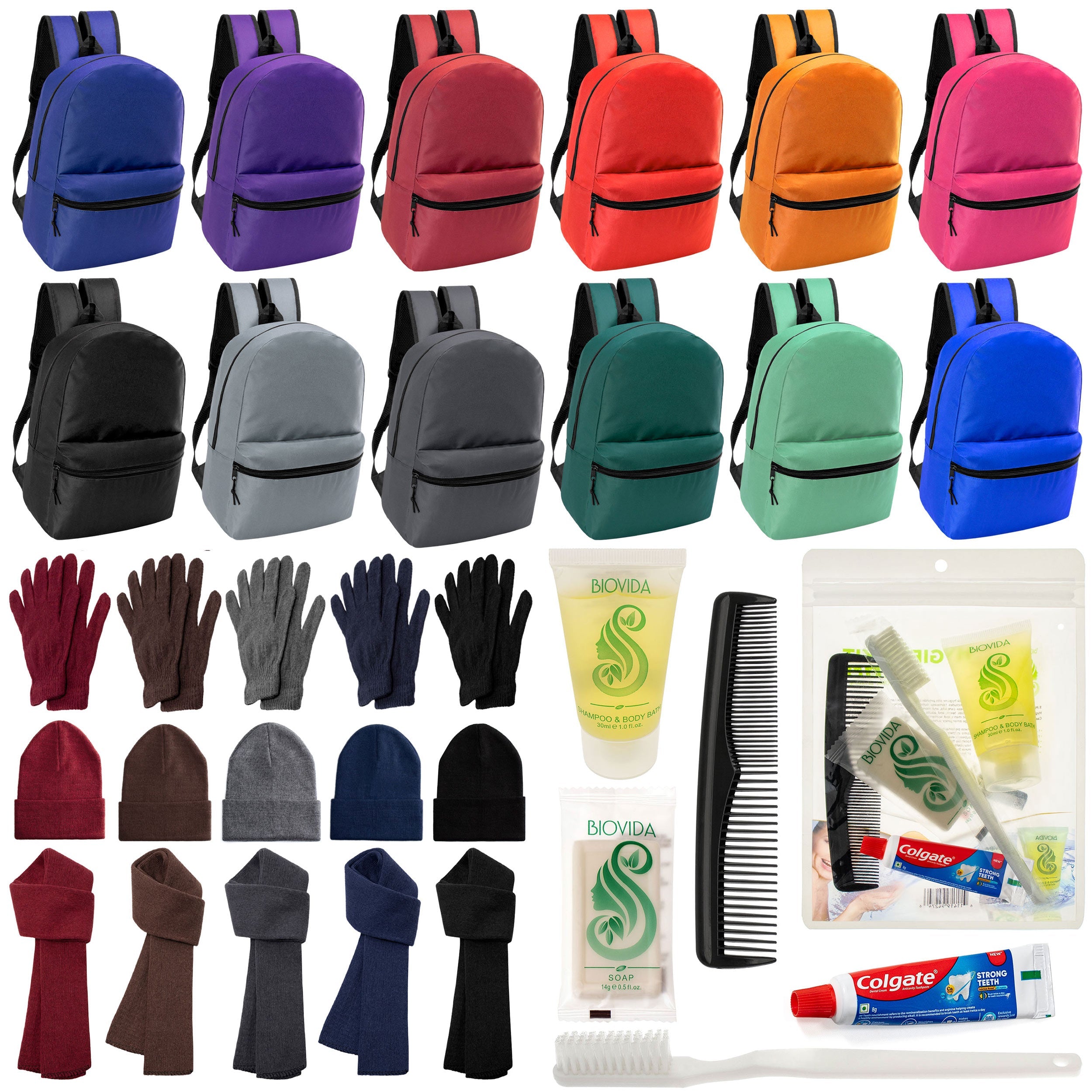 12 Basic 17" Backpacks in 12 Colors, 12 Winter Item Sets & Your Choice of 12 Bulk Hygiene Kits - Wholesale Homeless Care Package