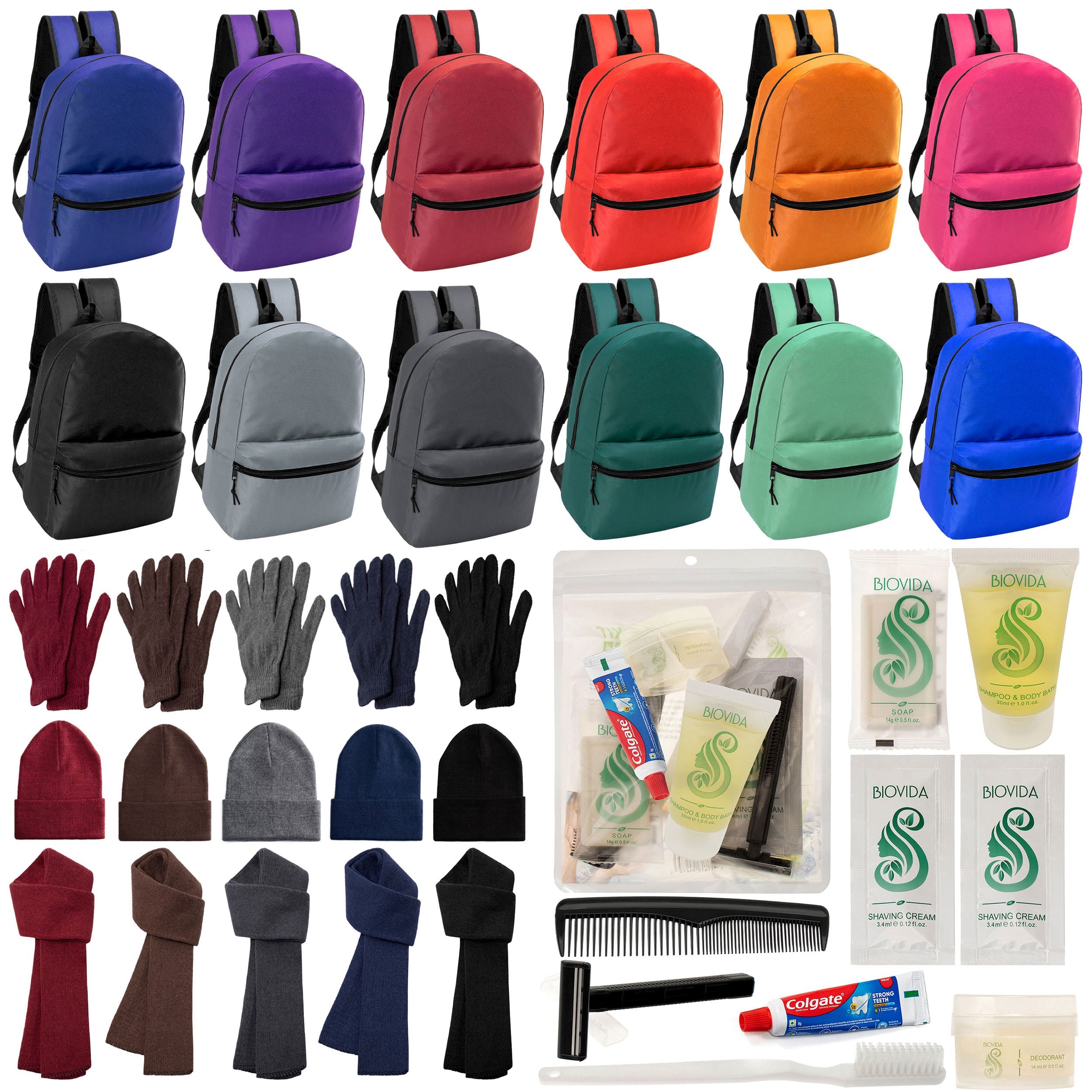 12 Basic 17" Backpacks in 12 Colors, 12 Winter Item Sets & Your Choice of 12 Bulk Hygiene Kits - Wholesale Homeless Care Package