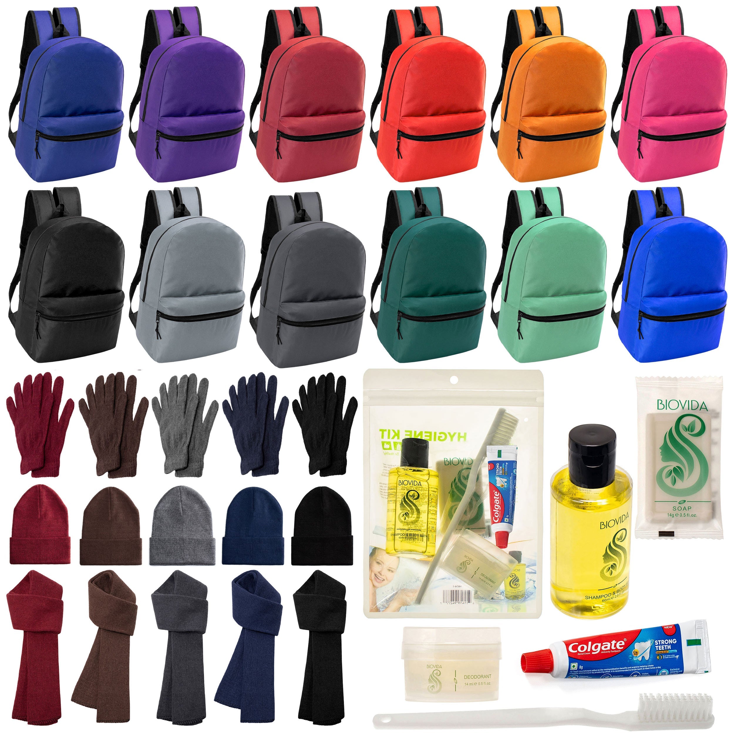 12 Basic 17" Backpacks in 12 Colors, 12 Winter Item Sets & Your Choice of 12 Bulk Hygiene Kits - Wholesale Homeless Care Package