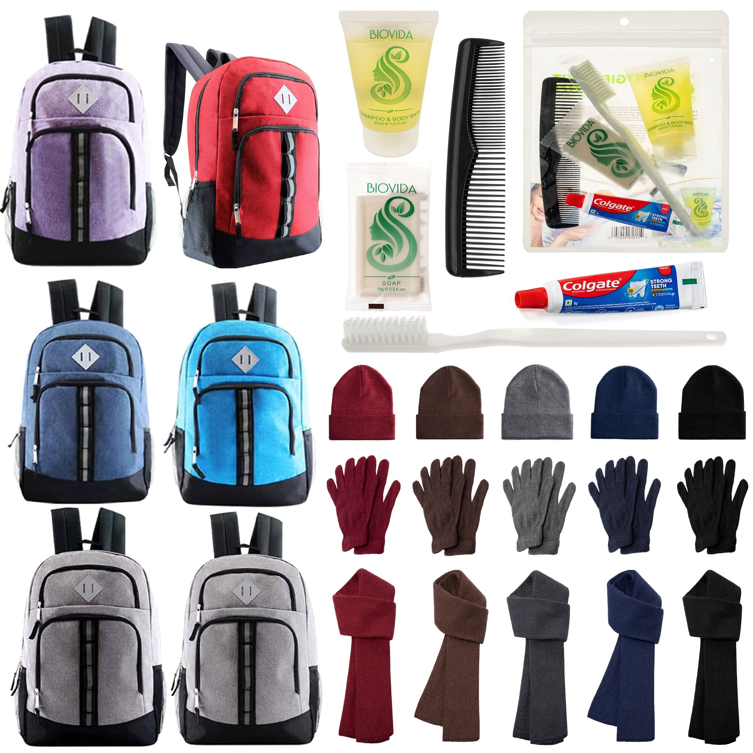 12 Deluxe 18" Backpacks in 6 Colors, 12 Winter Item Sets & Your Choice of 12 Bulk Hygiene Kits - Wholesale Homeless Care Package