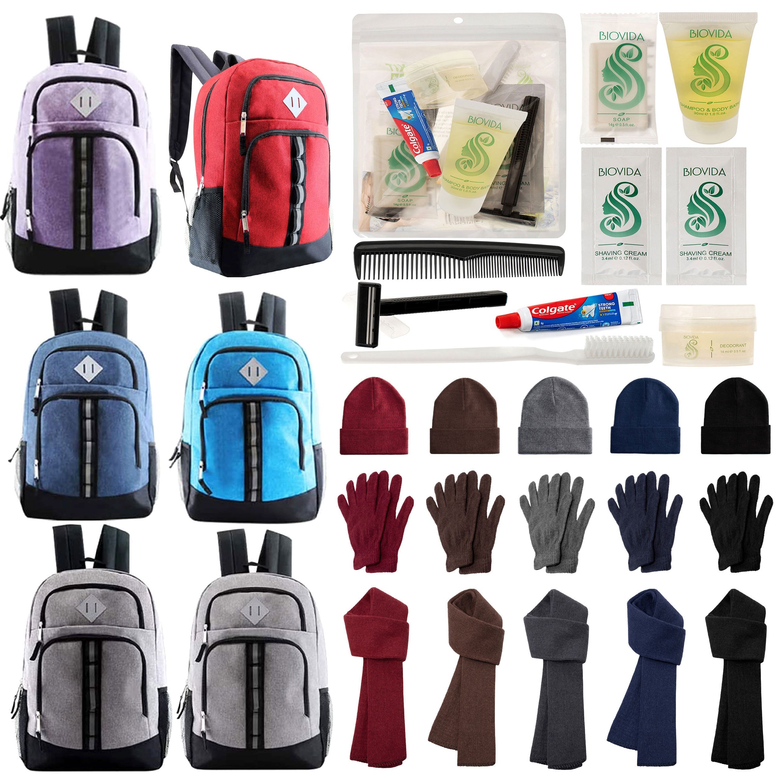 12 Deluxe 18" Backpacks in 6 Colors, 12 Winter Item Sets & Your Choice of 12 Bulk Hygiene Kits - Wholesale Homeless Care Package