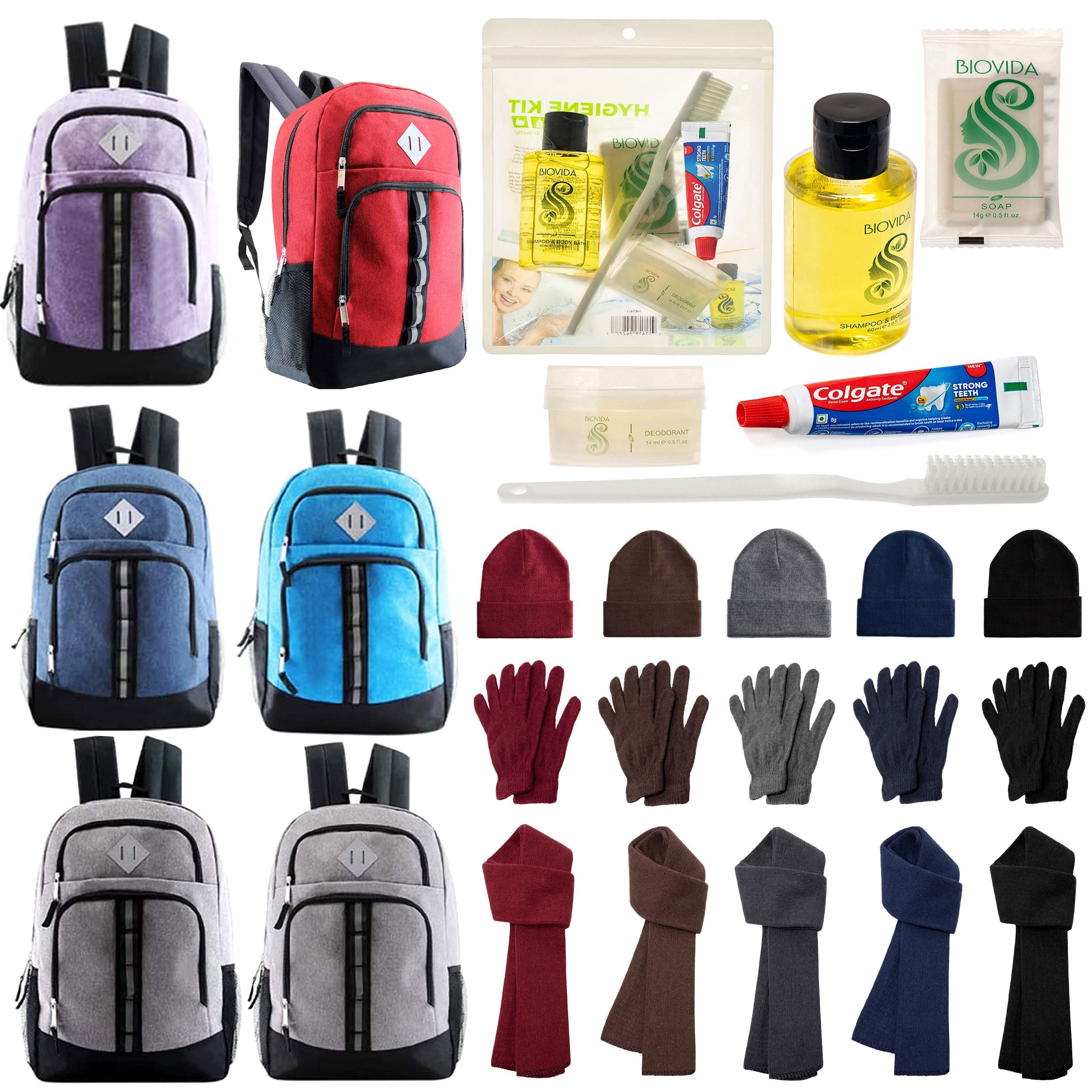 12 Deluxe 18" Backpacks in 6 Colors, 12 Winter Item Sets & Your Choice of 12 Bulk Hygiene Kits - Wholesale Homeless Care Package