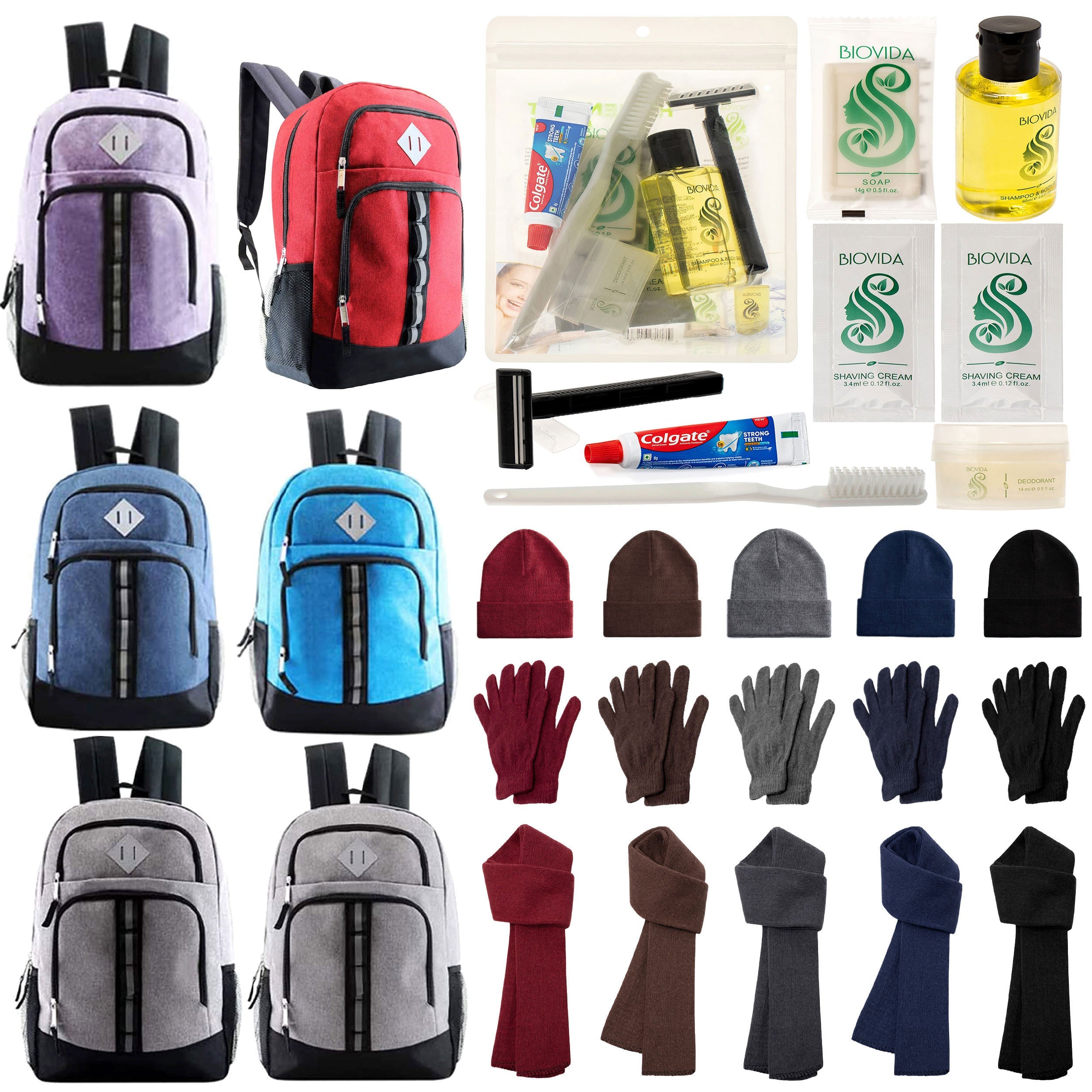12 Deluxe 18" Backpacks in 6 Colors, 12 Winter Item Sets & Your Choice of 12 Bulk Hygiene Kits - Wholesale Homeless Care Package