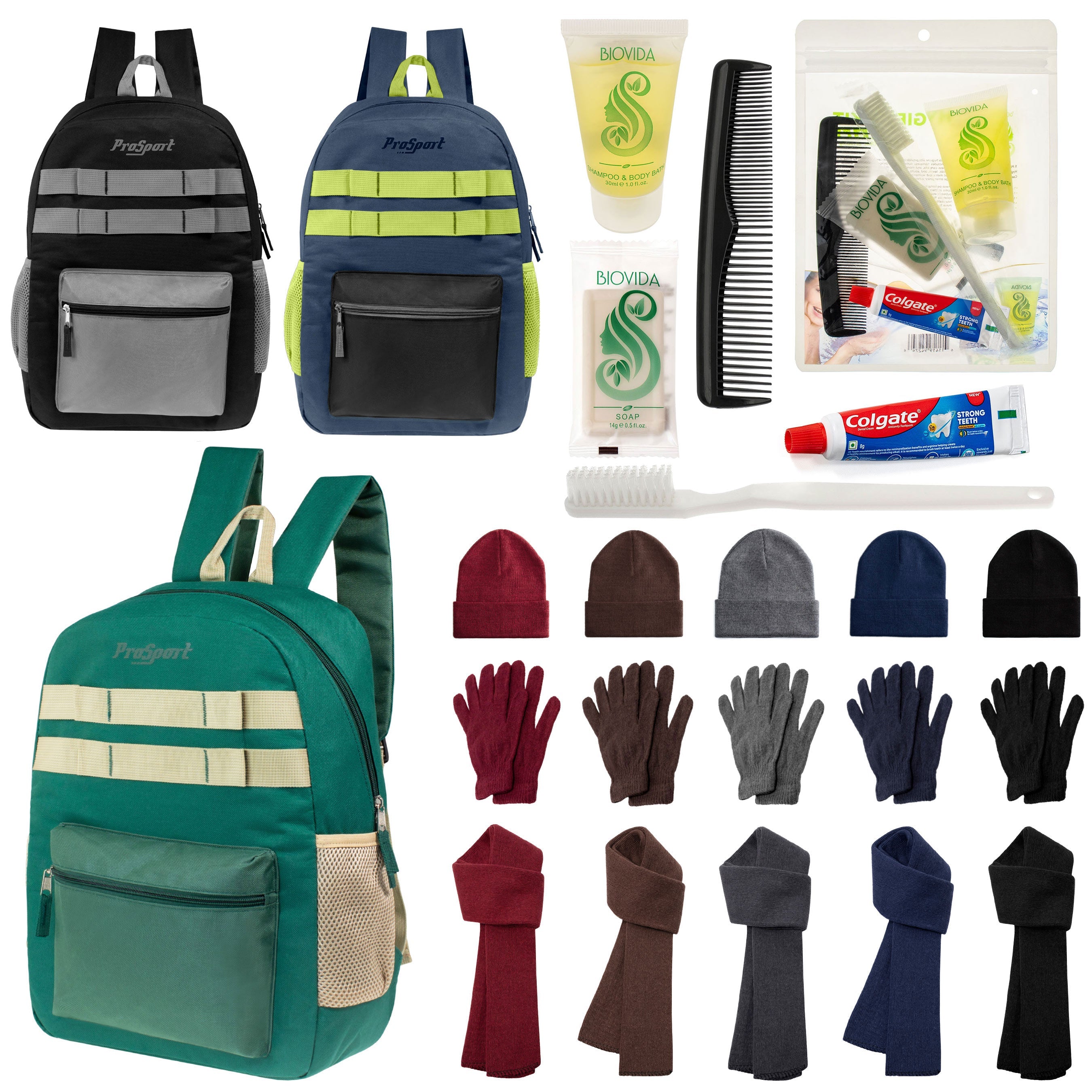 12 Durable 17" Multi- Color Backpacks, 12 Winter Item Sets & Your Choice of 12 Bulk Hygiene Kits - Wholesale Homeless Care Package