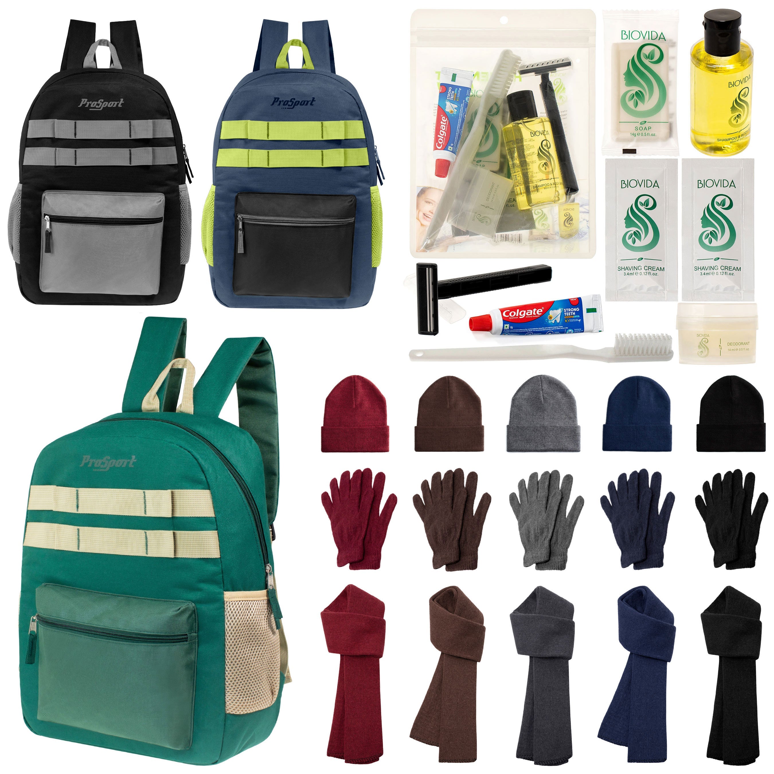 12 Durable 17" Multi- Color Backpacks, 12 Winter Item Sets & Your Choice of 12 Bulk Hygiene Kits - Wholesale Homeless Care Package