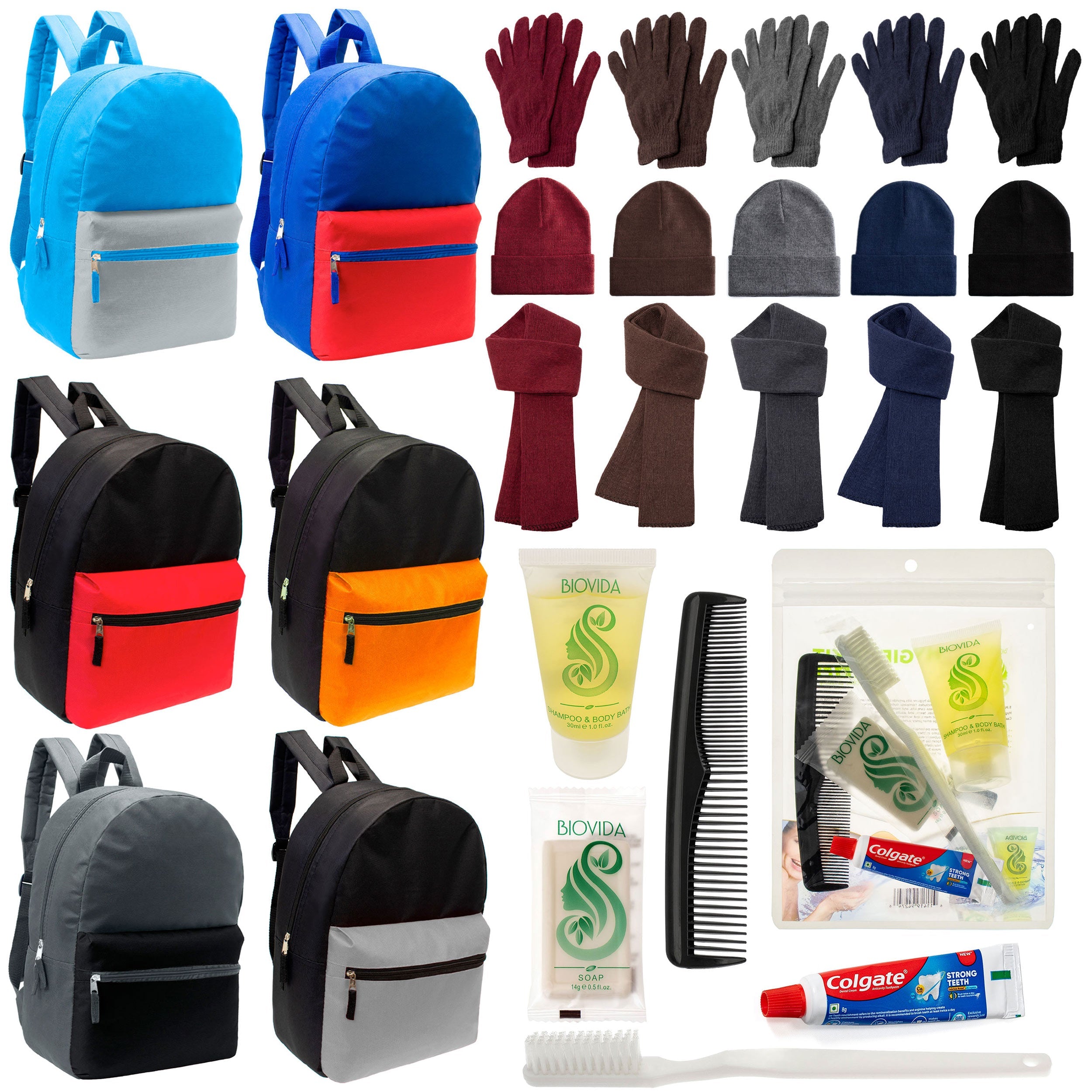 12 Multi Color Basic 17" Backpacks, 12 Winter Item Sets & Your Choice of 12 Bulk Hygiene Kits - Wholesale Homeless Care Package