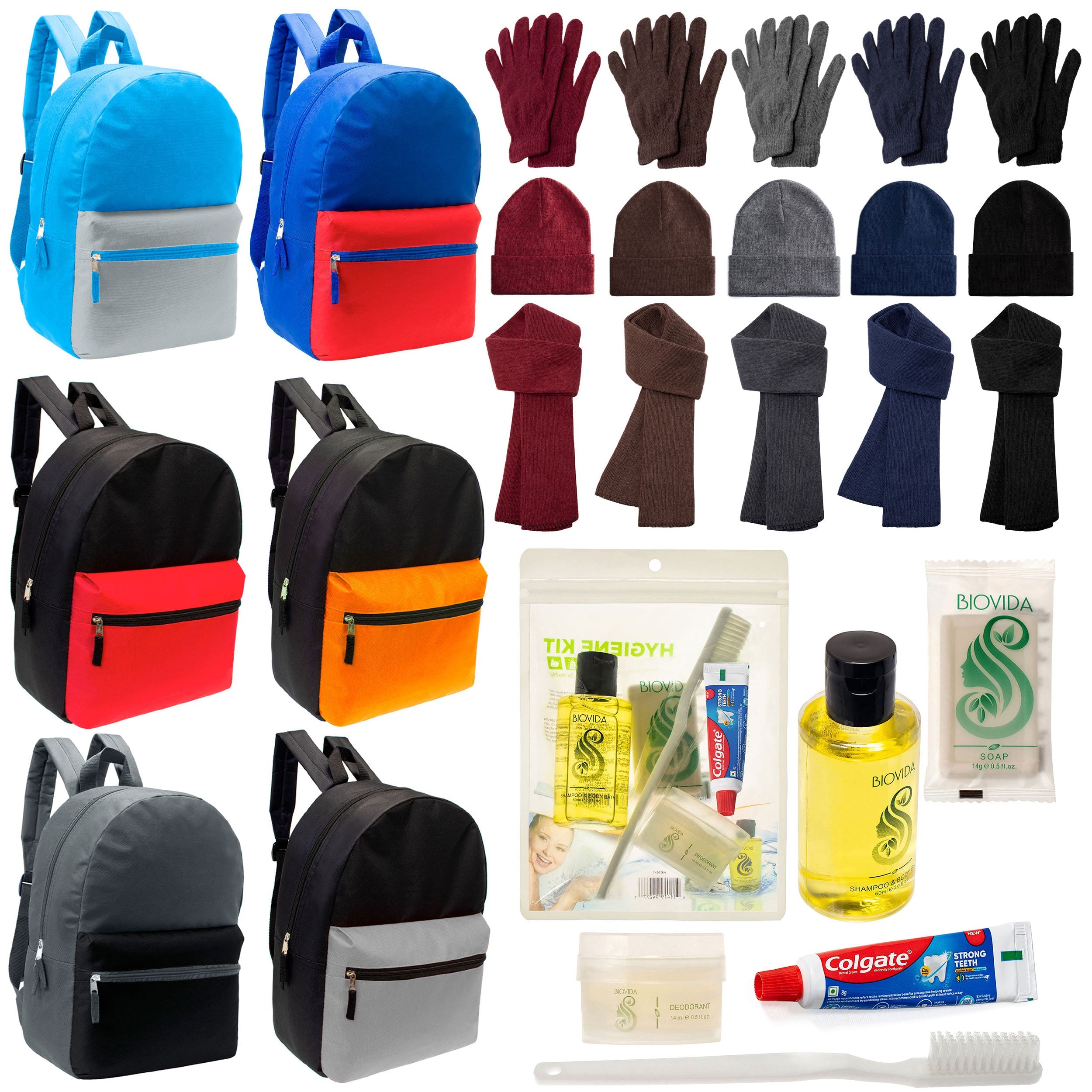 12 Multi Color Basic 17" Backpacks, 12 Winter Item Sets & Your Choice of 12 Bulk Hygiene Kits - Wholesale Homeless Care Package