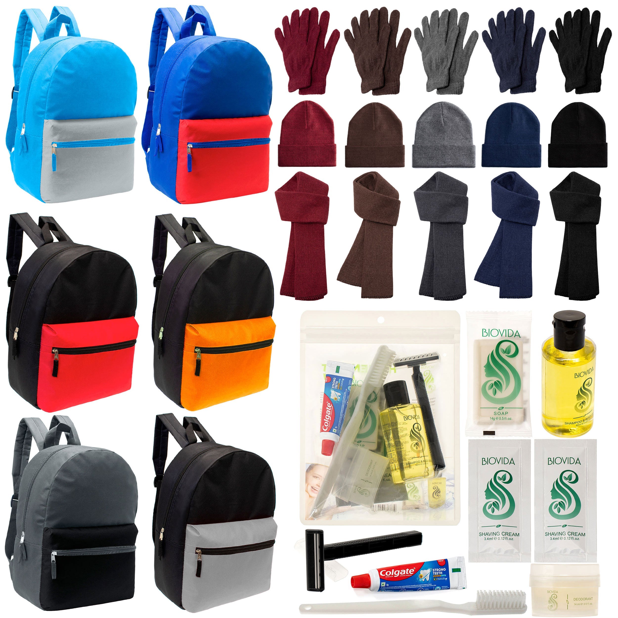 12 Multi Color Basic 17" Backpacks, 12 Winter Item Sets & Your Choice of 12 Bulk Hygiene Kits - Wholesale Homeless Care Package