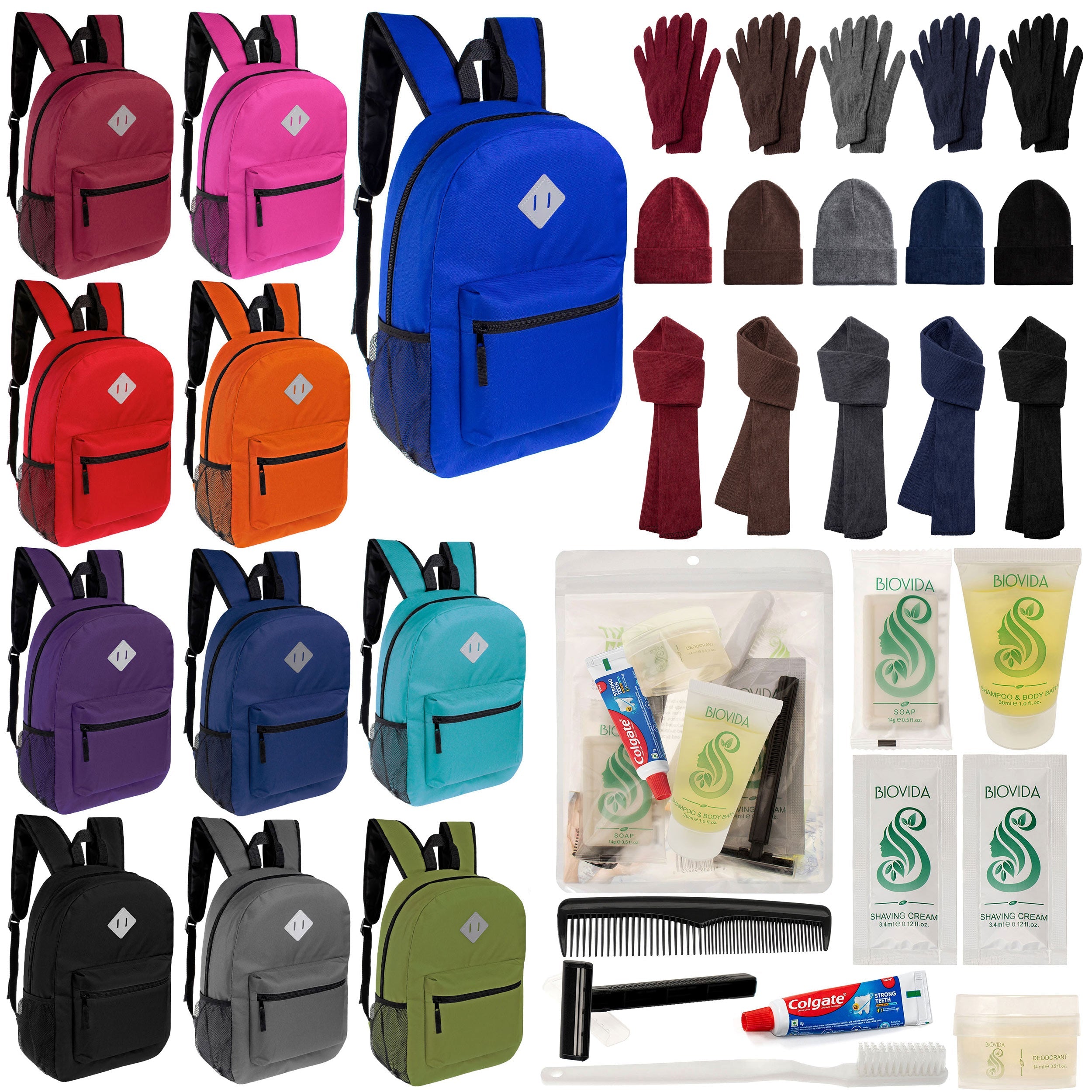 12 Diamond Patch 17" Backpacks, 12 Winter Item Sets & Your Choice of 12 Bulk Hygiene Kits - Wholesale Homeless Care Package