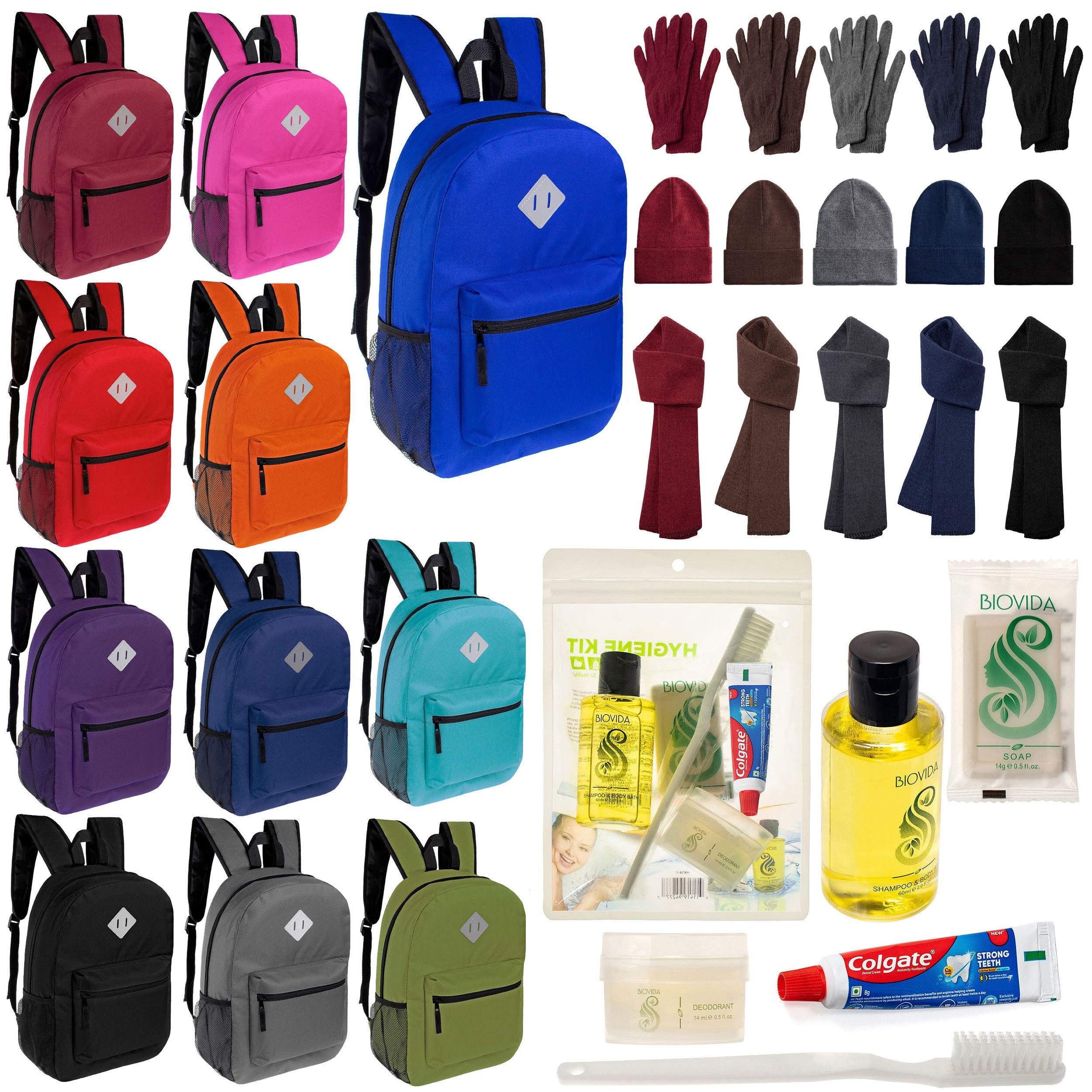 12 Diamond Patch 17" Backpacks, 12 Winter Item Sets & Your Choice of 12 Bulk Hygiene Kits - Wholesale Homeless Care Package