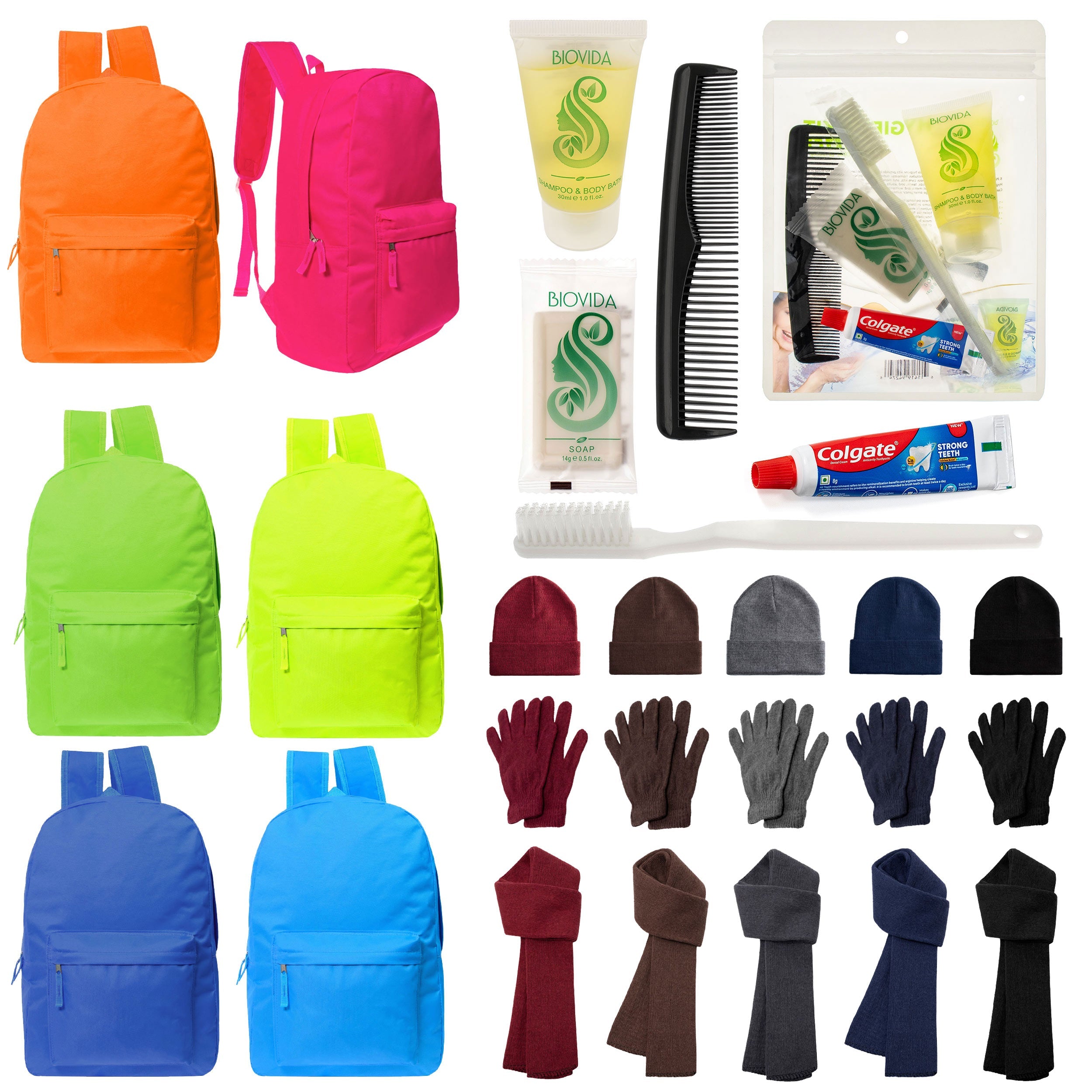 12 Bright 17" Backpacks in 6 Colors, 12 Winter Item Sets & Your Choice of 12 Bulk Hygiene Kits - Wholesale Homeless Care Package