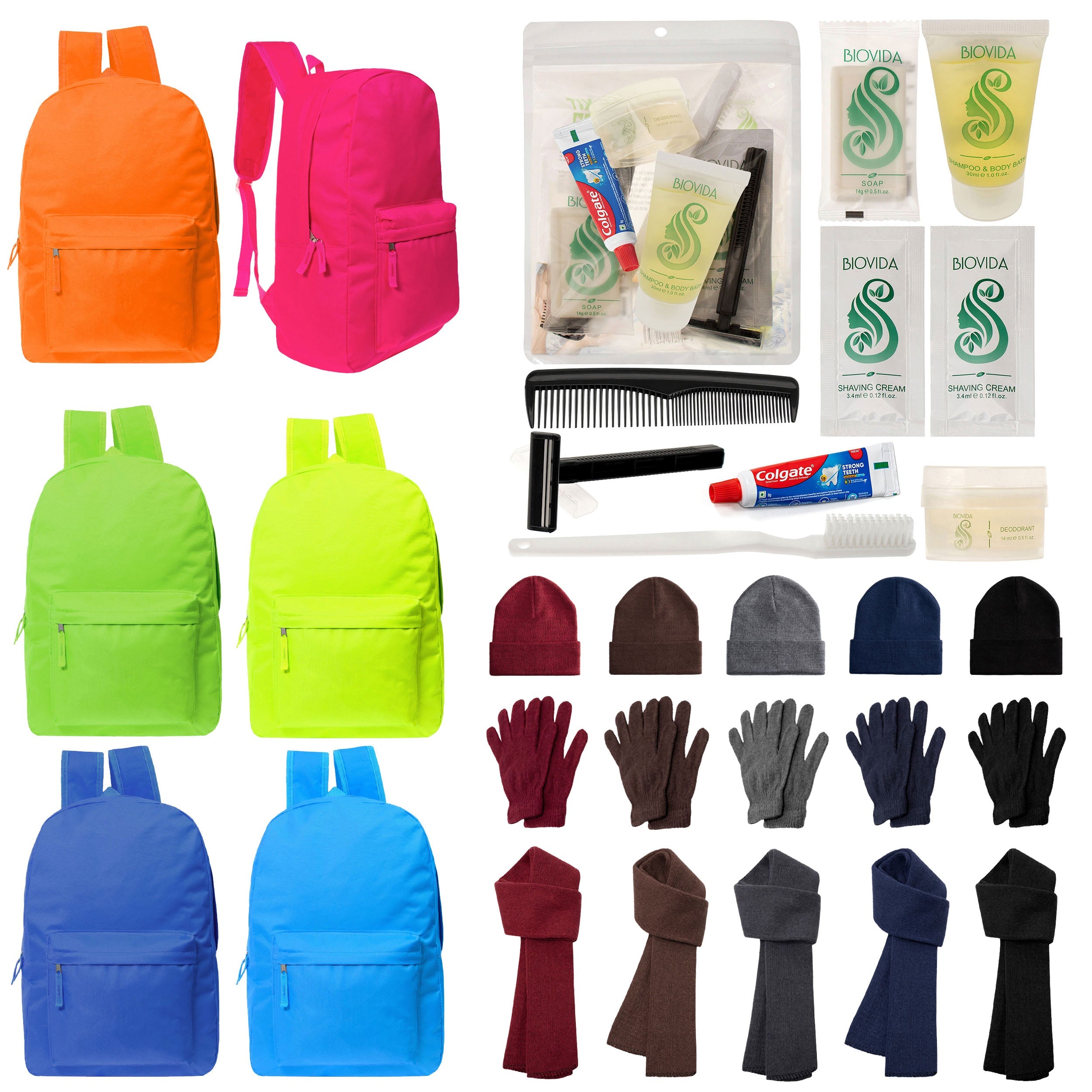 12 Bright 17" Backpacks in 6 Colors, 12 Winter Item Sets & Your Choice of 12 Bulk Hygiene Kits - Wholesale Homeless Care Package