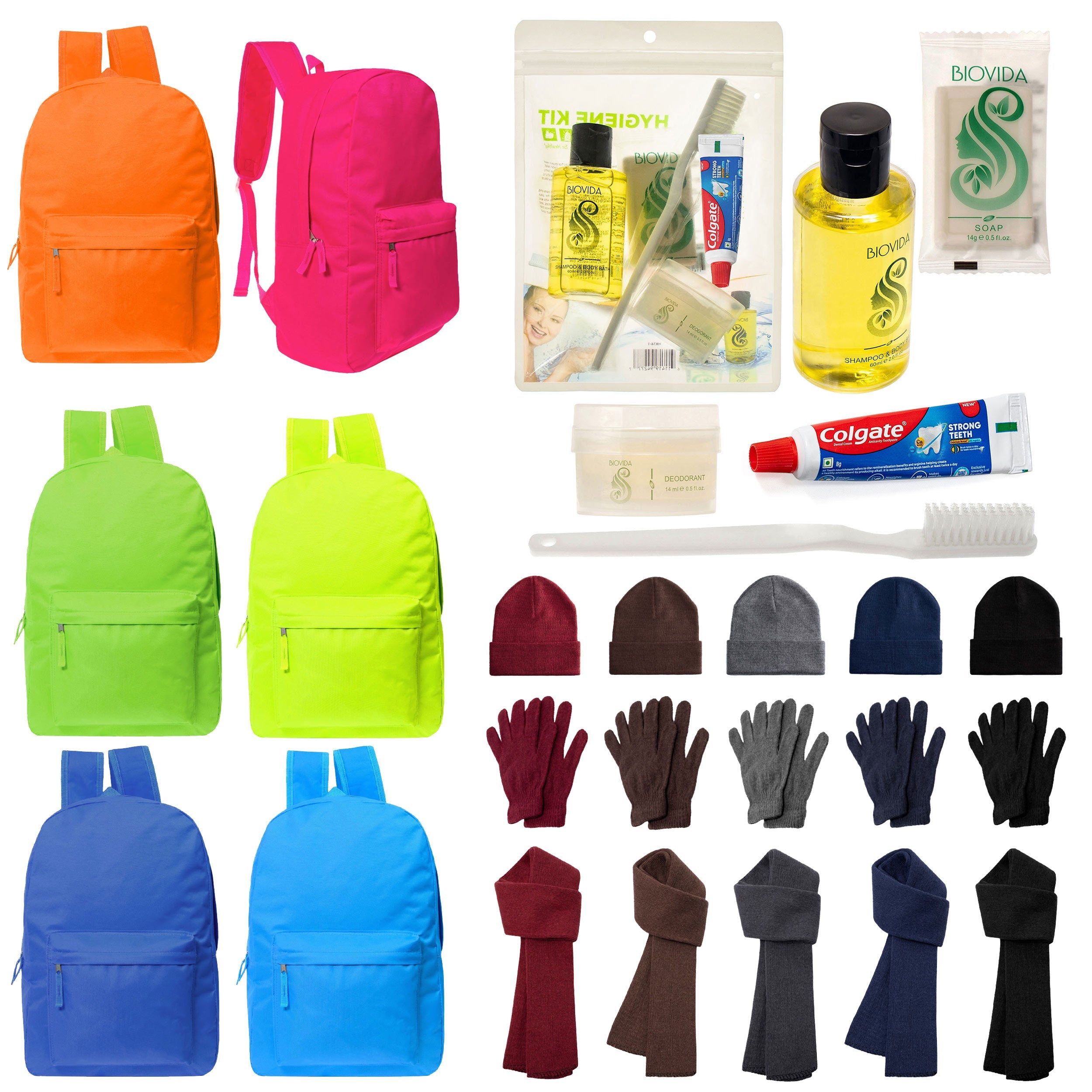 12 Bright 17" Backpacks in 6 Colors, 12 Winter Item Sets & Your Choice of 12 Bulk Hygiene Kits - Wholesale Homeless Care Package
