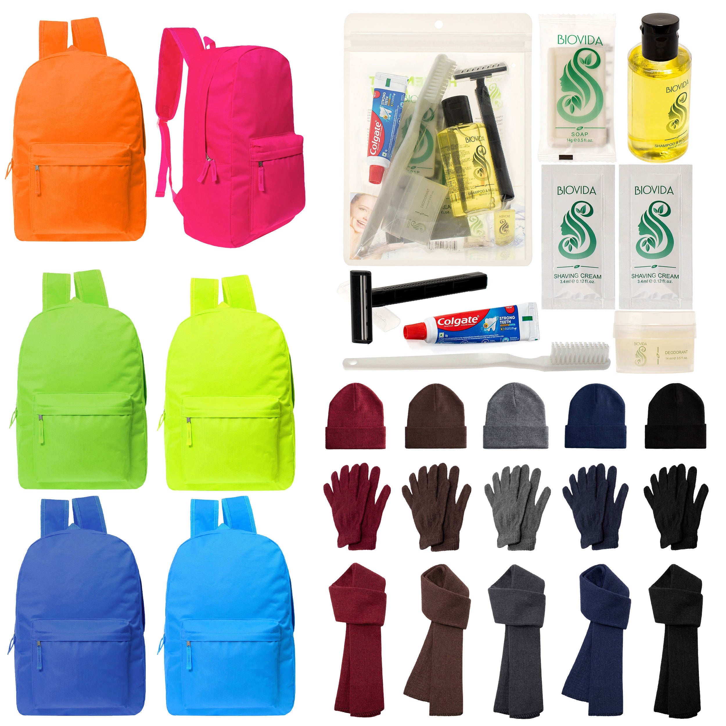 12 Bright 17" Backpacks in 6 Colors, 12 Winter Item Sets & Your Choice of 12 Bulk Hygiene Kits - Wholesale Homeless Care Package