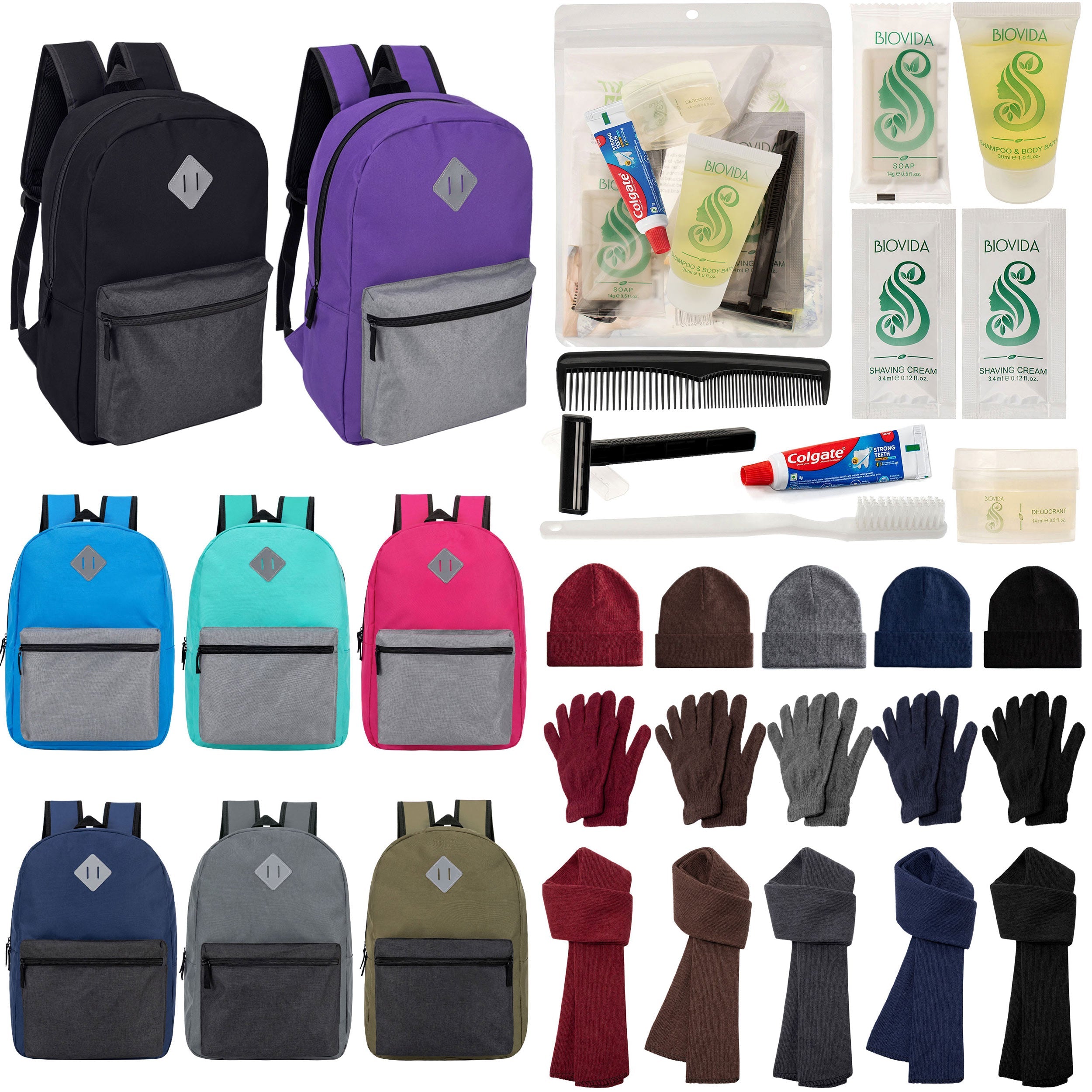 12 Multi Color Diamond Patch 17" Backpacks, 12 Winter Item Sets & Your Choice of 12 Bulk Hygiene Kits - Wholesale Homeless Care Package