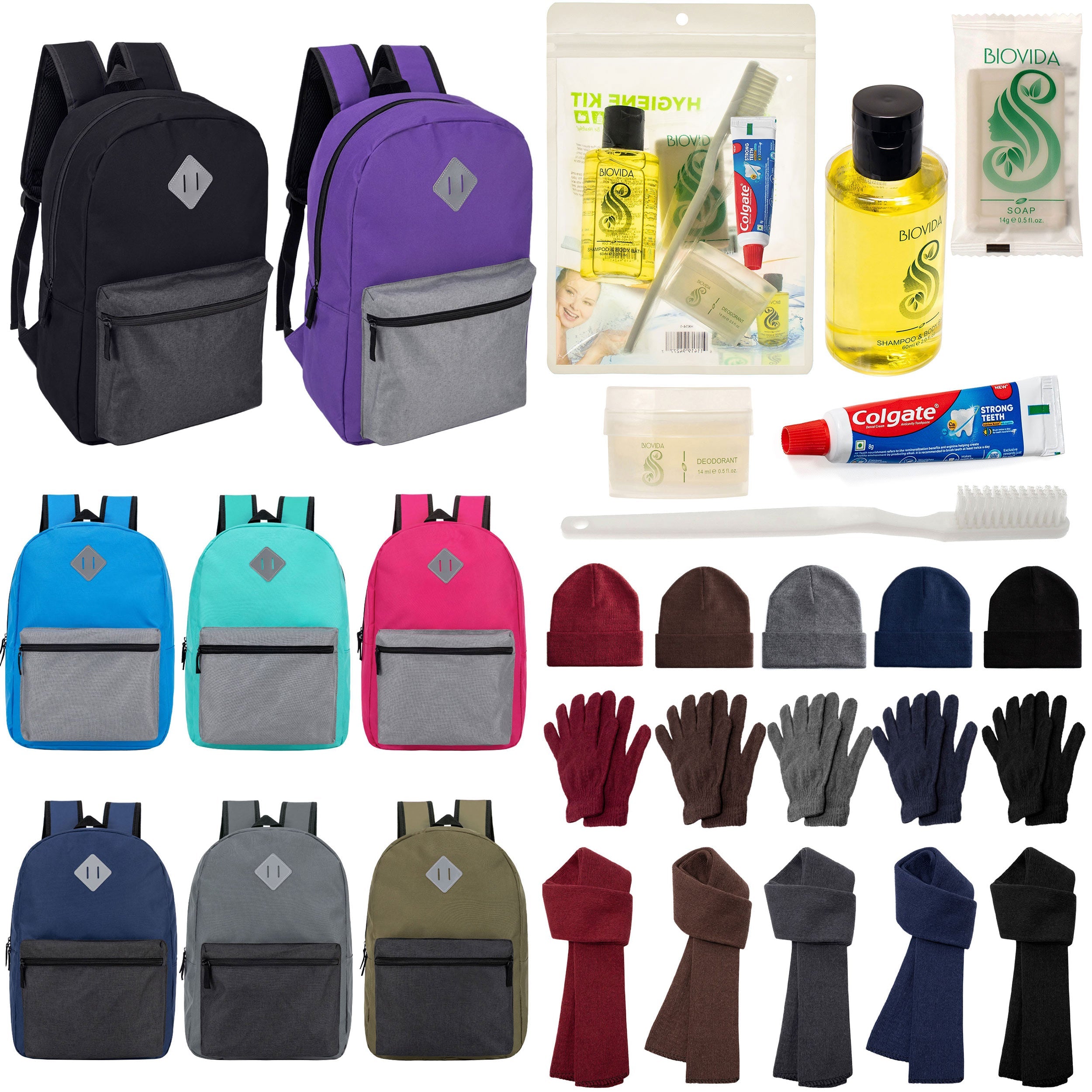 12 Multi Color Diamond Patch 17" Backpacks, 12 Winter Item Sets & Your Choice of 12 Bulk Hygiene Kits - Wholesale Homeless Care Package
