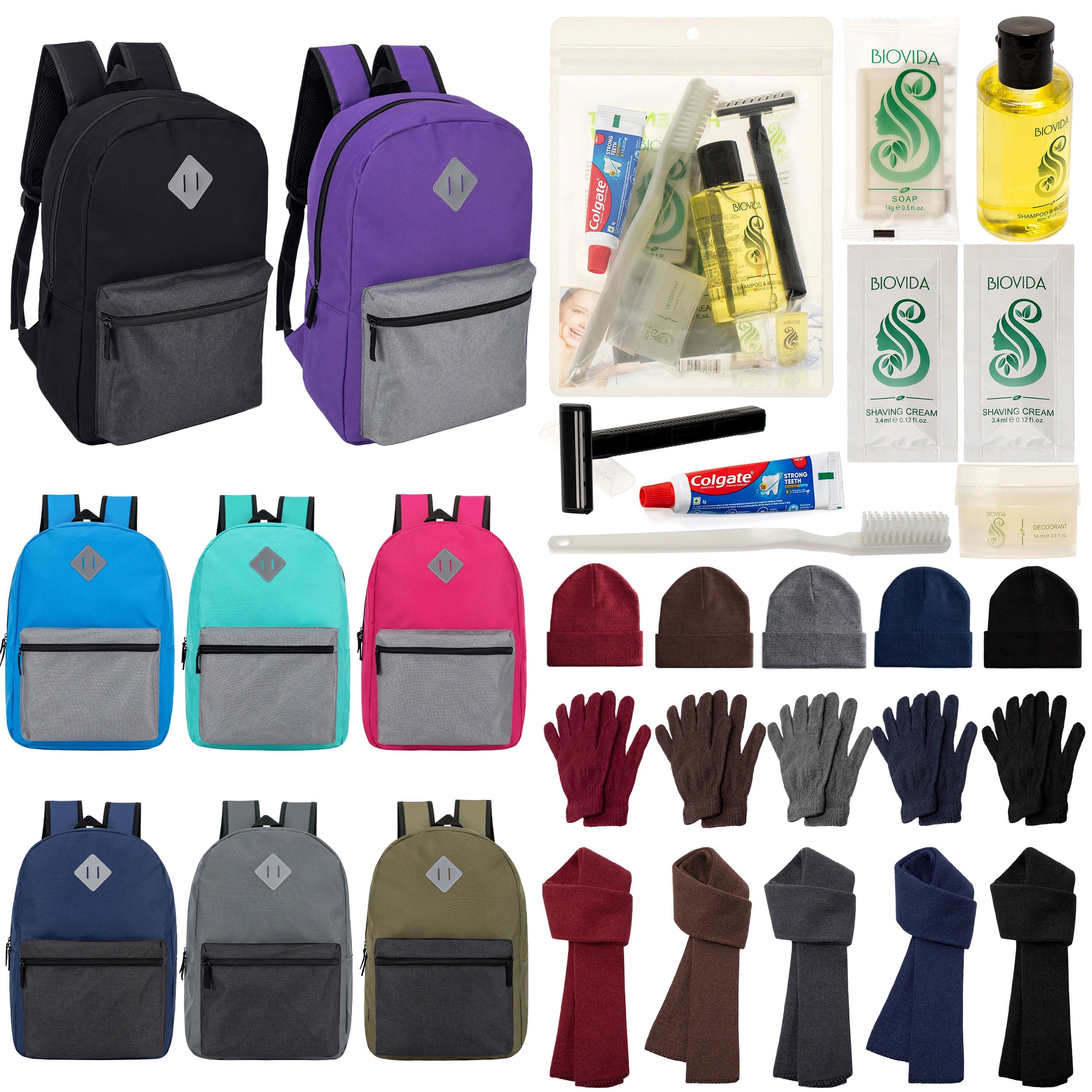 12 Multi Color Diamond Patch 17" Backpacks, 12 Winter Item Sets & Your Choice of 12 Bulk Hygiene Kits - Wholesale Homeless Care Package
