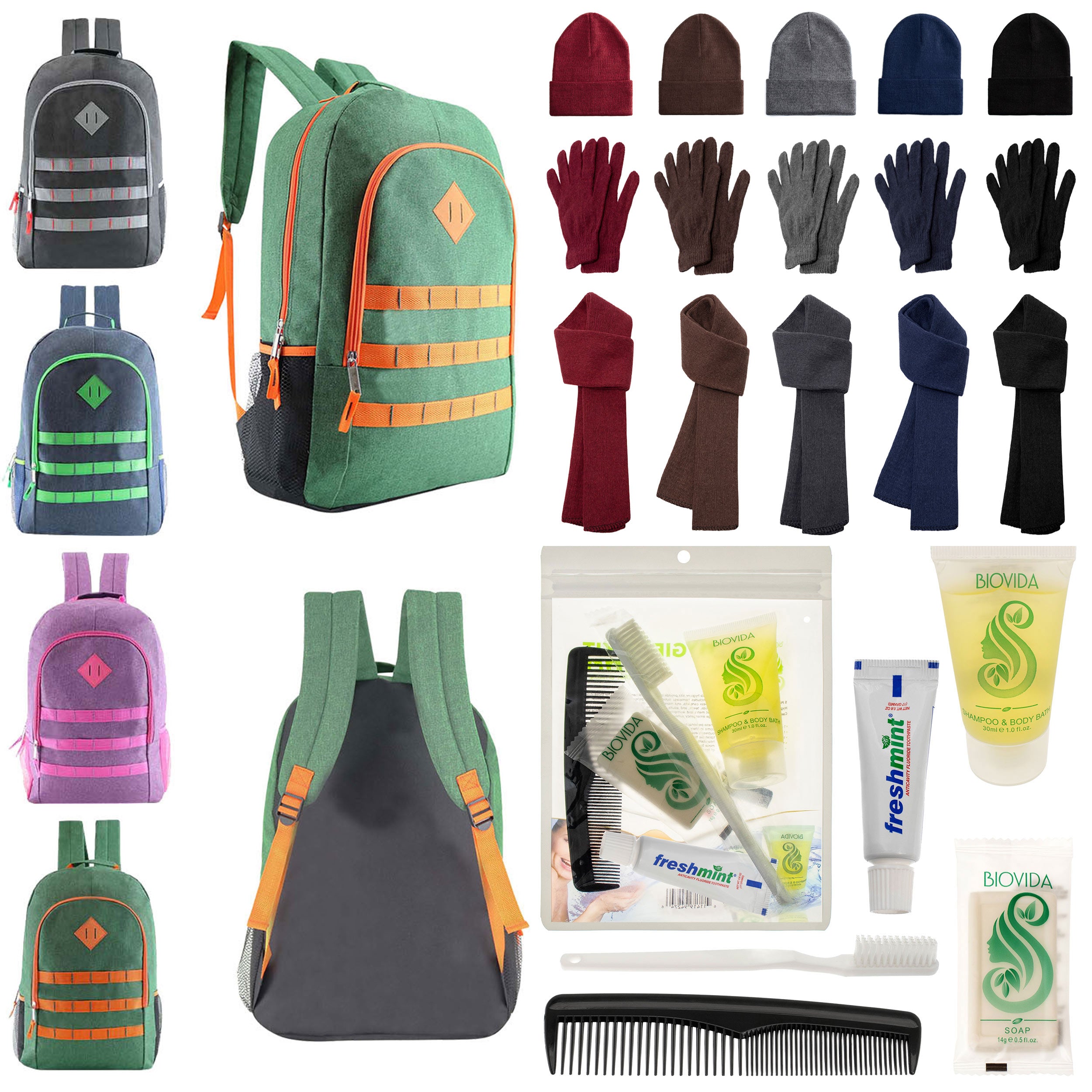 12 Deluxe 19" Backpacks in 4 Colors, 12 Winter Item Sets & Your Choice of 12 Bulk Hygiene Kits - Wholesale Homeless Care Package