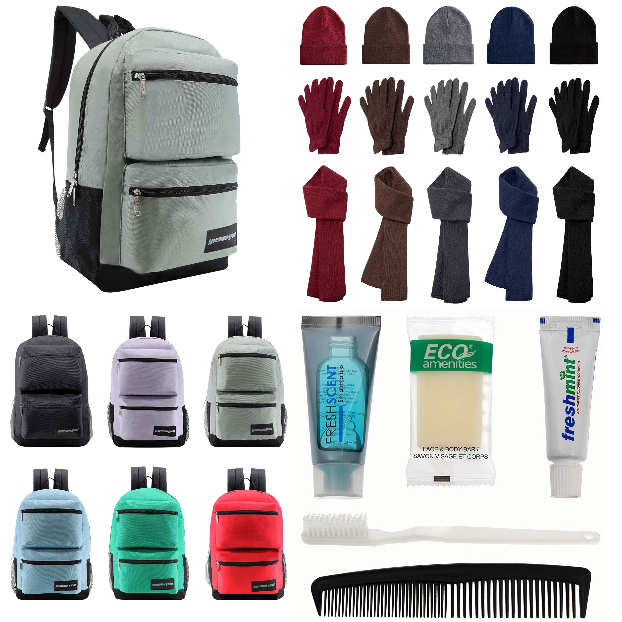 12 Premium 19" Backpacks in 4 Colors, 12 Winter Item Sets & Your Choice of 12 Bulk Hygiene Kits - Wholesale Homeless Care Package