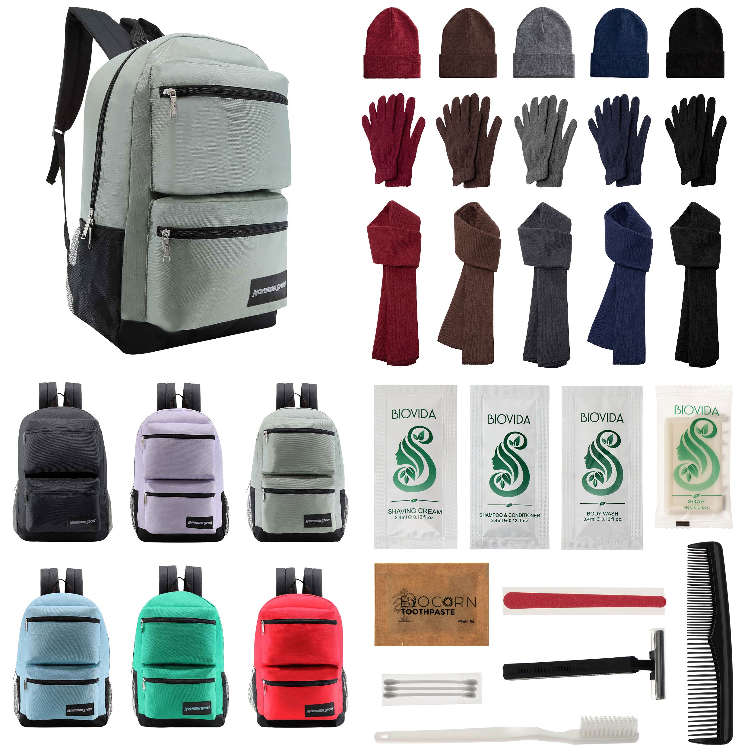 12 Premium 19" Backpacks in 4 Colors, 12 Winter Item Sets & Your Choice of 12 Bulk Hygiene Kits - Wholesale Homeless Care Package