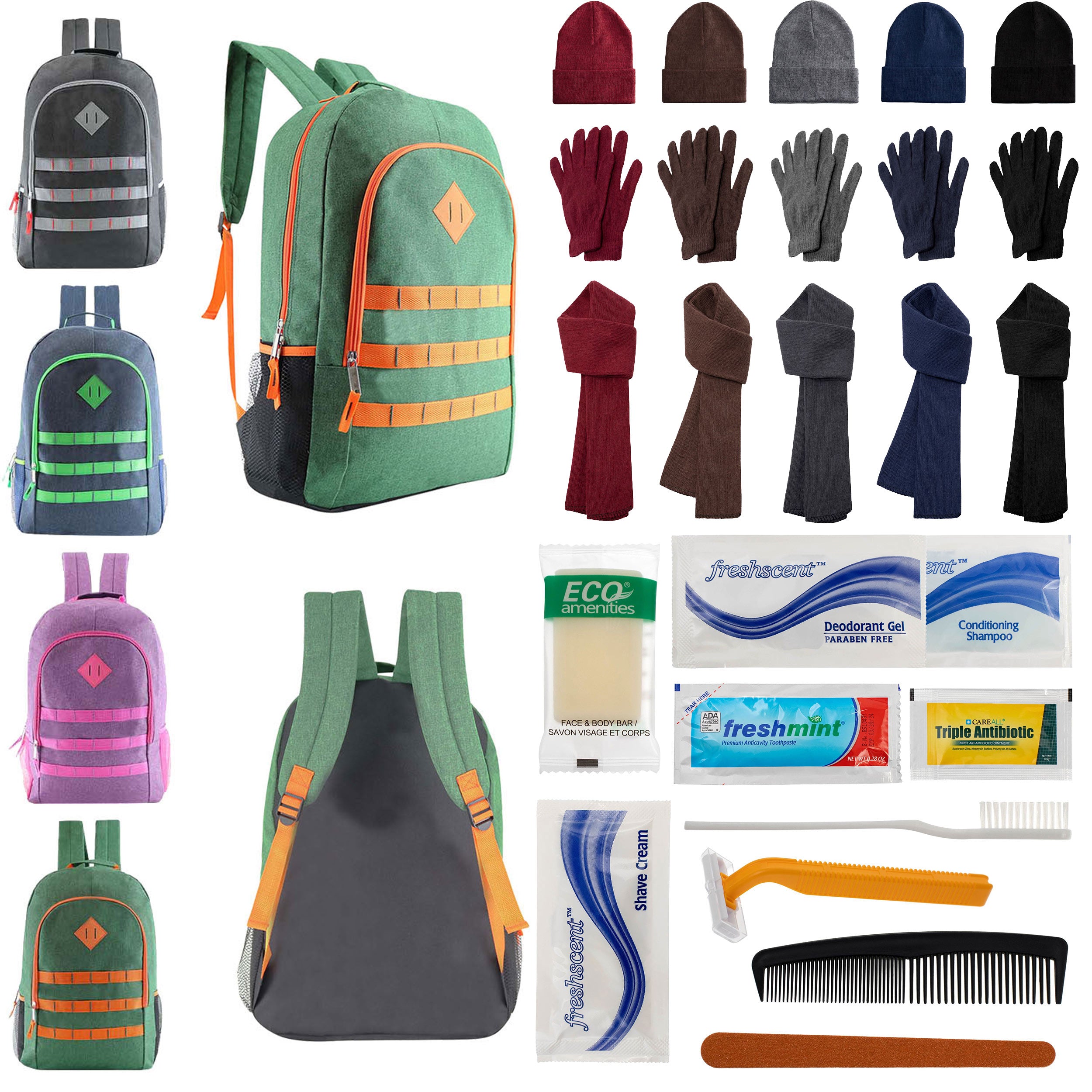 12 Deluxe 19" Backpacks in 4 Colors, 12 Winter Item Sets & Your Choice of 12 Bulk Hygiene Kits - Wholesale Homeless Care Package