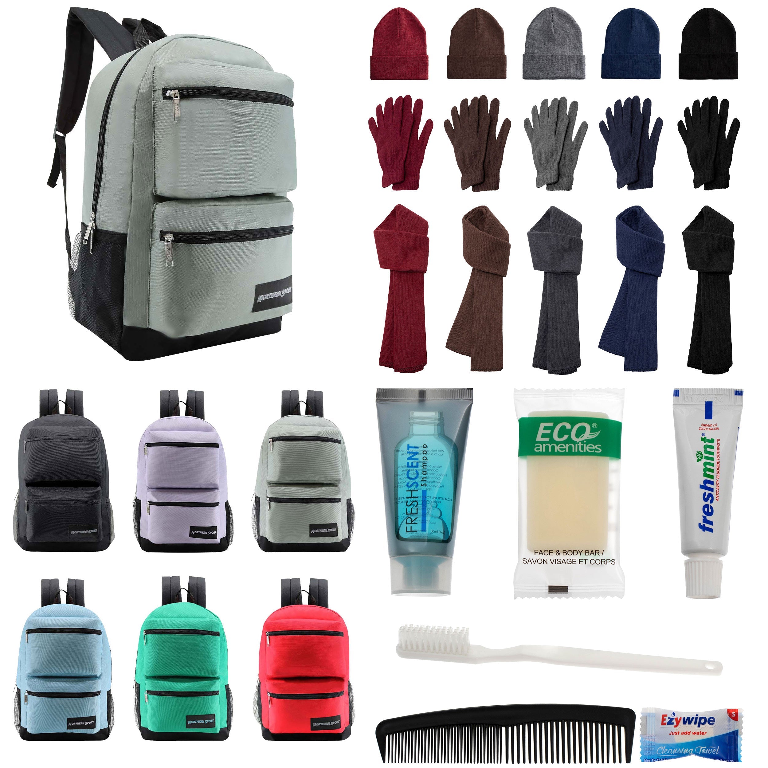 12 Premium 19" Backpacks in 4 Colors, 12 Winter Item Sets & Your Choice of 12 Bulk Hygiene Kits - Wholesale Homeless Care Package