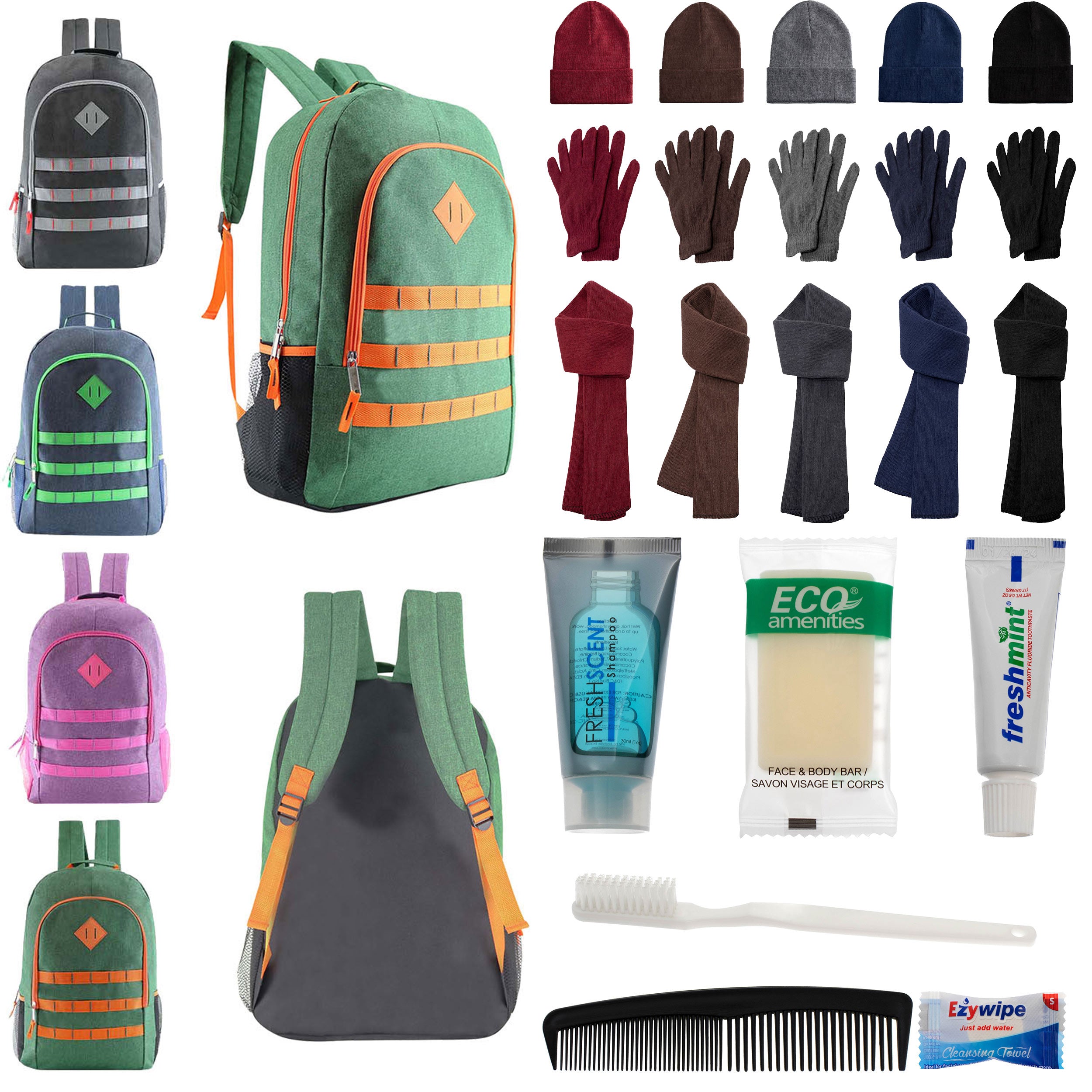12 Deluxe 19" Backpacks in 4 Colors, 12 Winter Item Sets & Your Choice of 12 Bulk Hygiene Kits - Wholesale Homeless Care Package