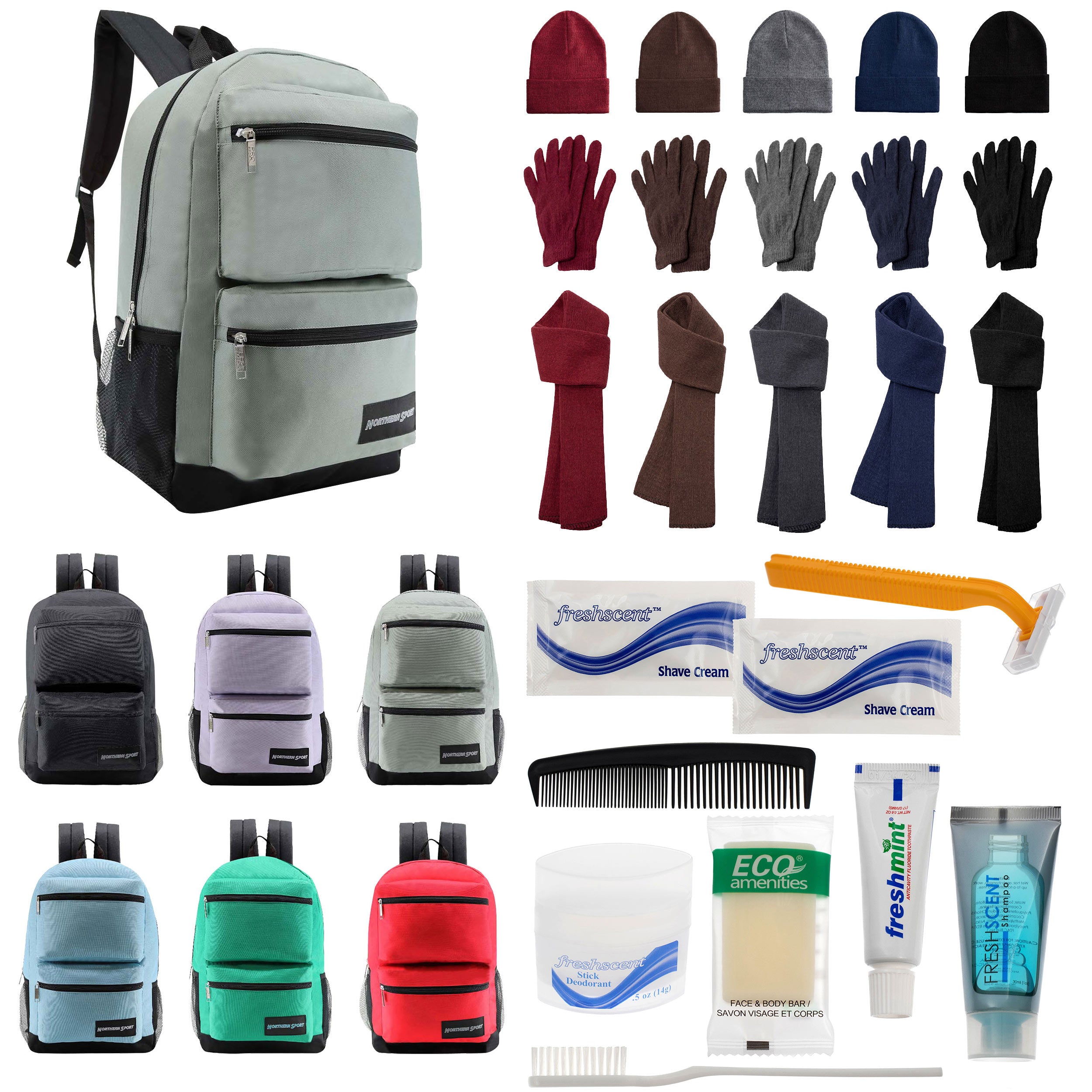 12 Premium 19" Backpacks in 4 Colors, 12 Winter Item Sets & Your Choice of 12 Bulk Hygiene Kits - Wholesale Homeless Care Package